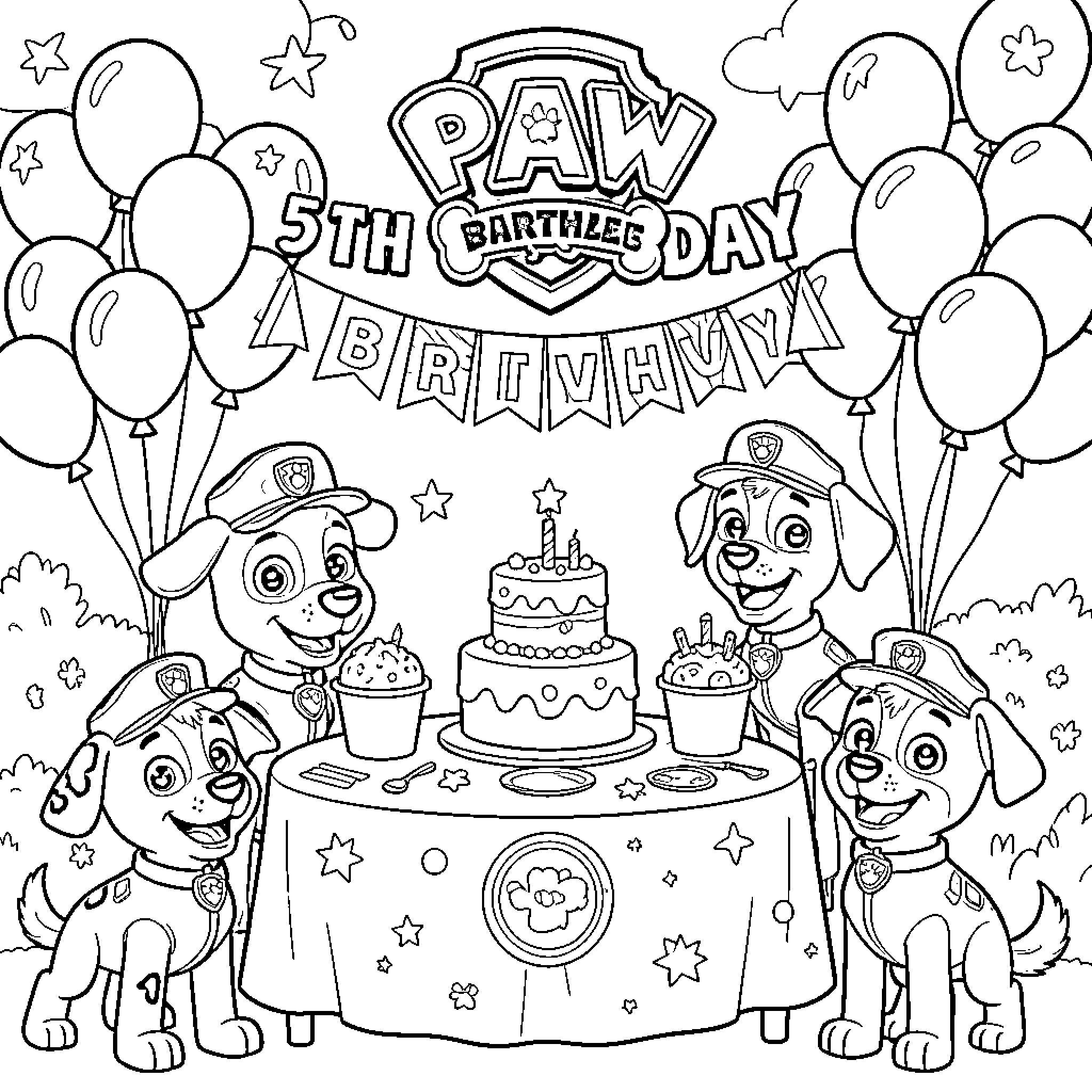 Paw Patrol 5th Birthday Party Coloring Page (free black-and-white line drawing printable PDF for all, from beginners to advanced learners, including children, teens, adults, and seniors)