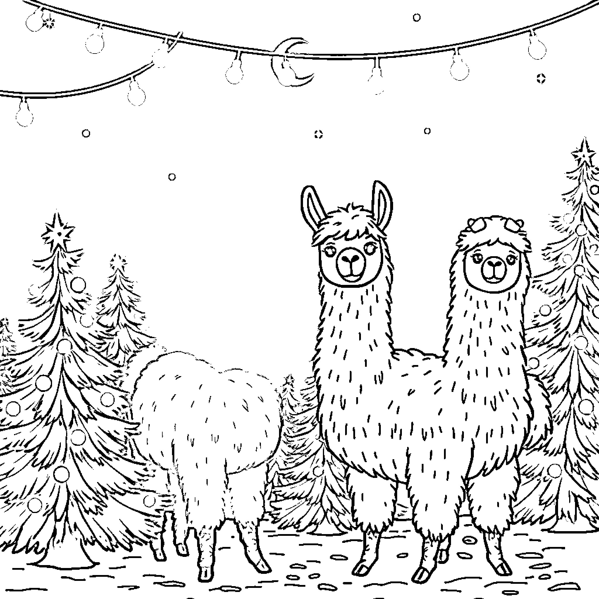 Alpacas enjoying a winter wonderland Coloring Page (free black-and-white line drawing printable PDF for all, from beginners to advanced learners, including children, teens, adults, and seniors)