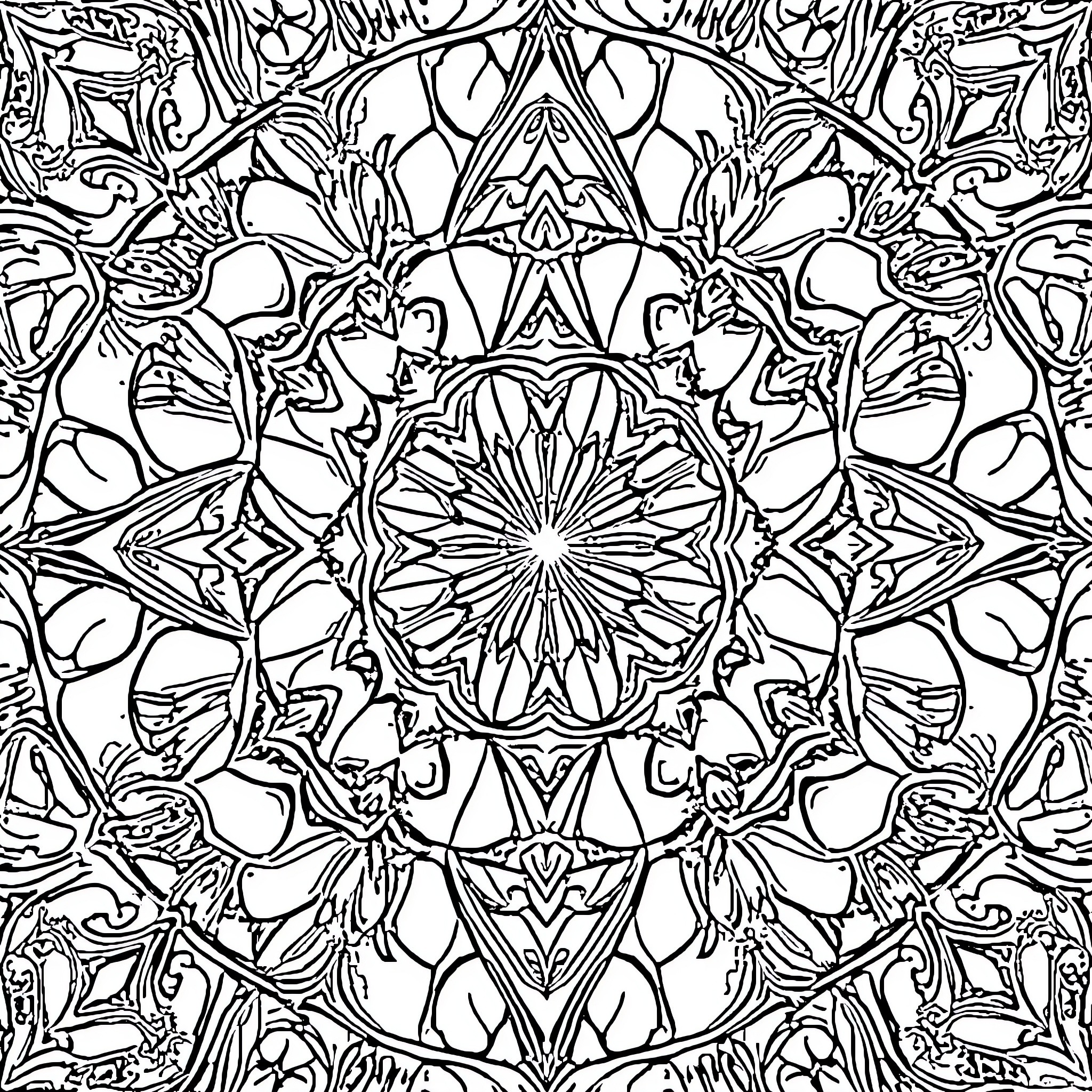 Fractal Symmetrical Floral Patterns Coloring Page (free black-and-white line drawing printable PDF for all, from beginners to advanced learners, including children, teens, adults, and seniors)