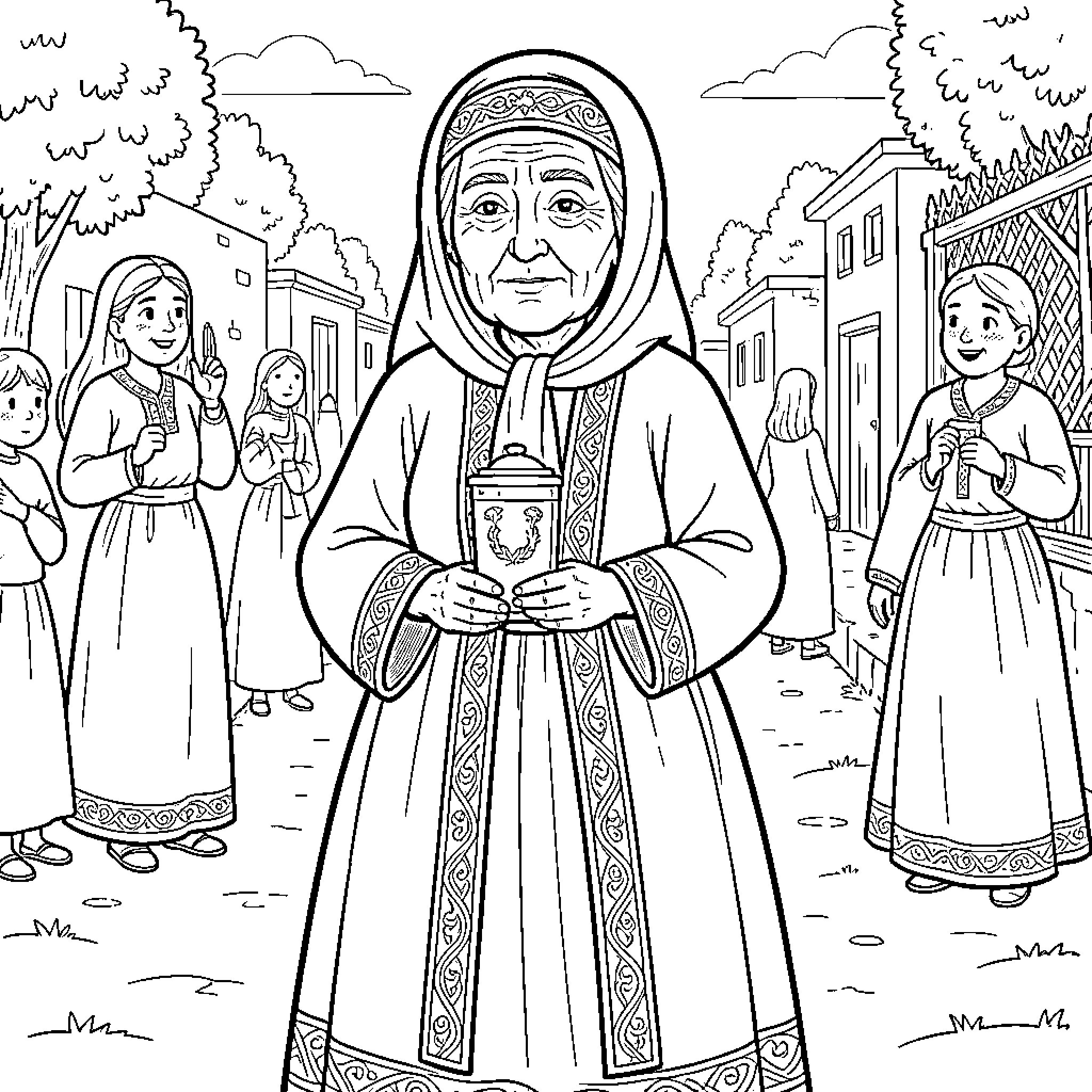 Haya Mouchka holding a vessel in a village scene Coloring Page (free black-and-white line drawing printable PDF for all, from beginners to advanced learners, including children, teens, adults, and seniors)