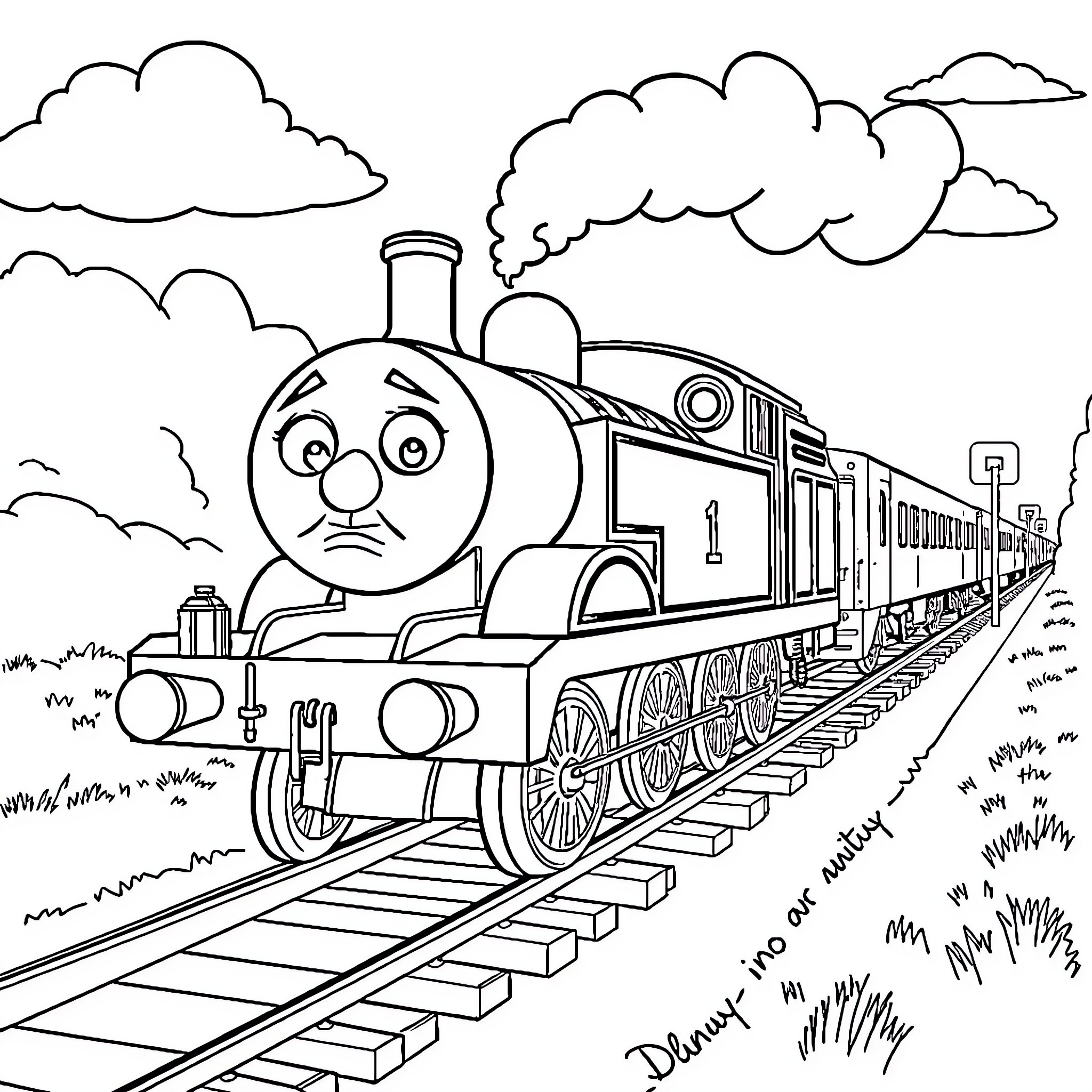 Thomas the Train Chugging Along the Tracks Coloring Page (free black-and-white line drawing printable PDF for all, from beginners to advanced learners, including children, teens, adults, and seniors)