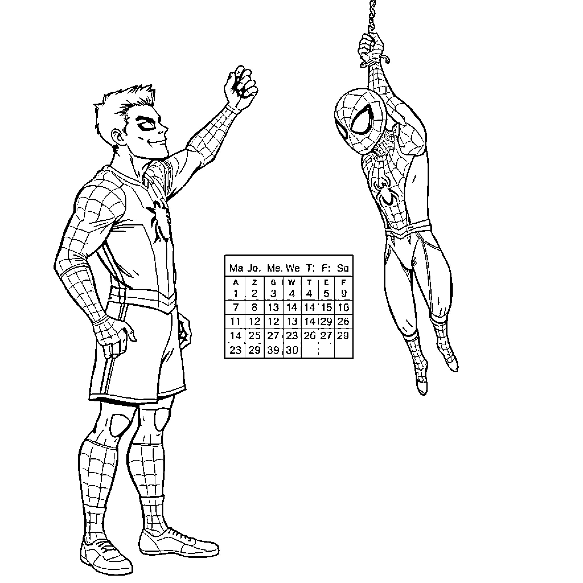Cristiano Ronaldo and Spider-Man Enjoying Playful Banter Coloring Page (free black-and-white line drawing printable PDF for all, from beginners to advanced learners, including children, teens, adults, and seniors)
