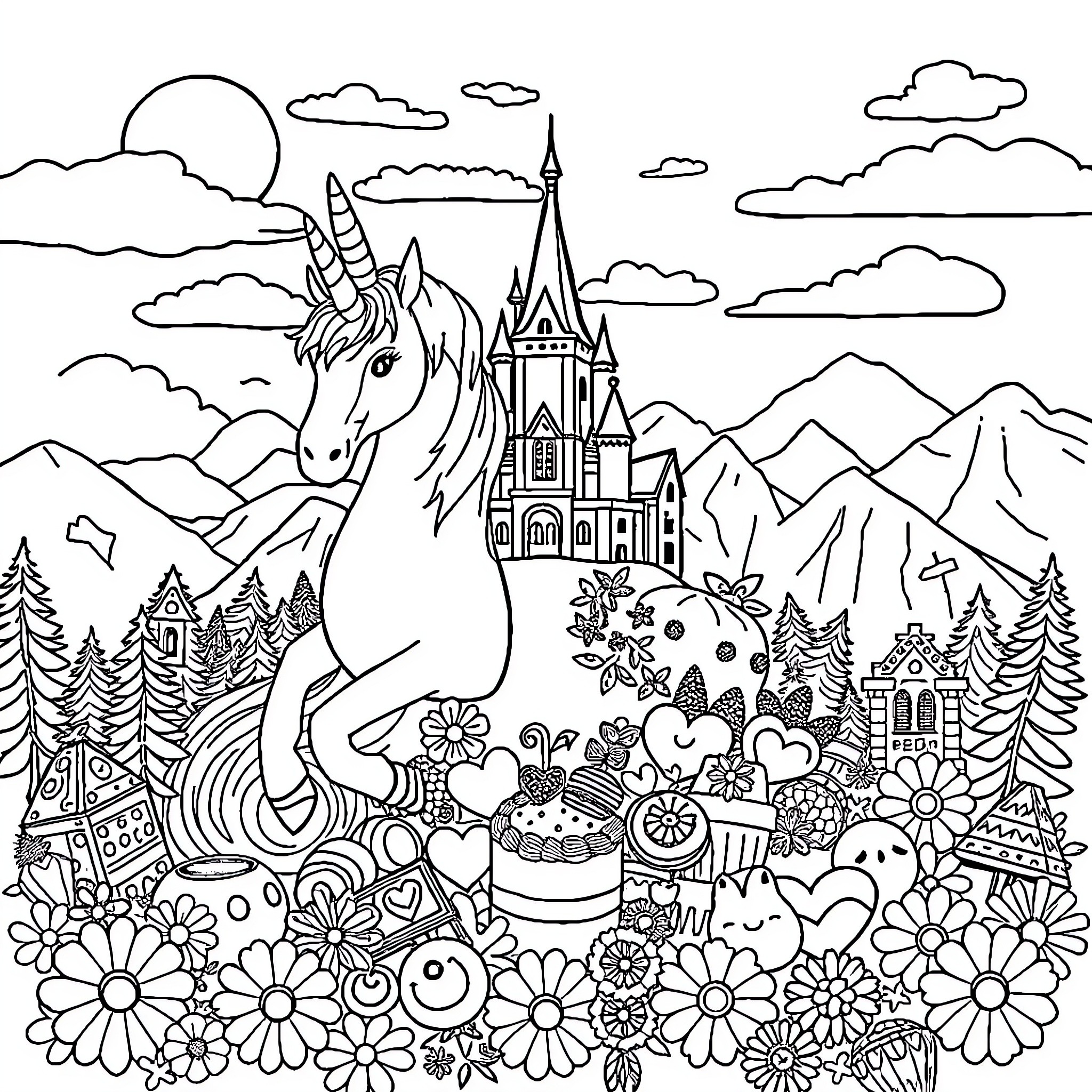 Licorne in a Magical Fairy Tale Landscape Coloring Page (free black-and-white line drawing printable PDF for all, from beginners to advanced learners, including children, teens, adults, and seniors)
