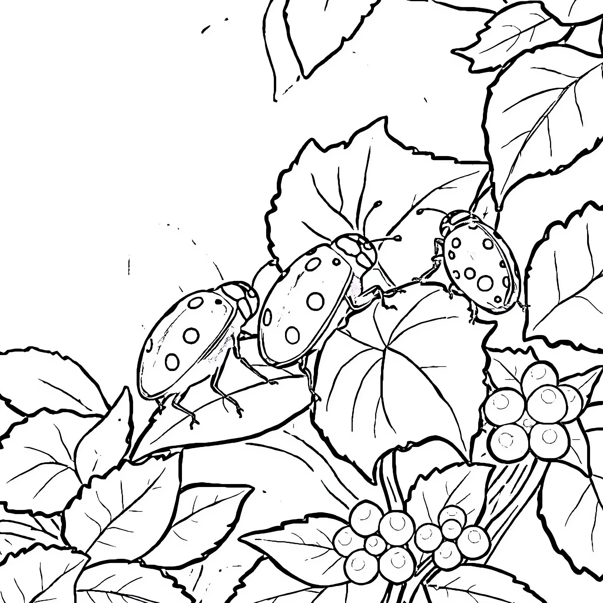 Ladybug exploring vibrant foliage Coloring Page (free black-and-white line drawing printable PDF for all, from beginners to advanced learners, including children, teens, adults, and seniors)