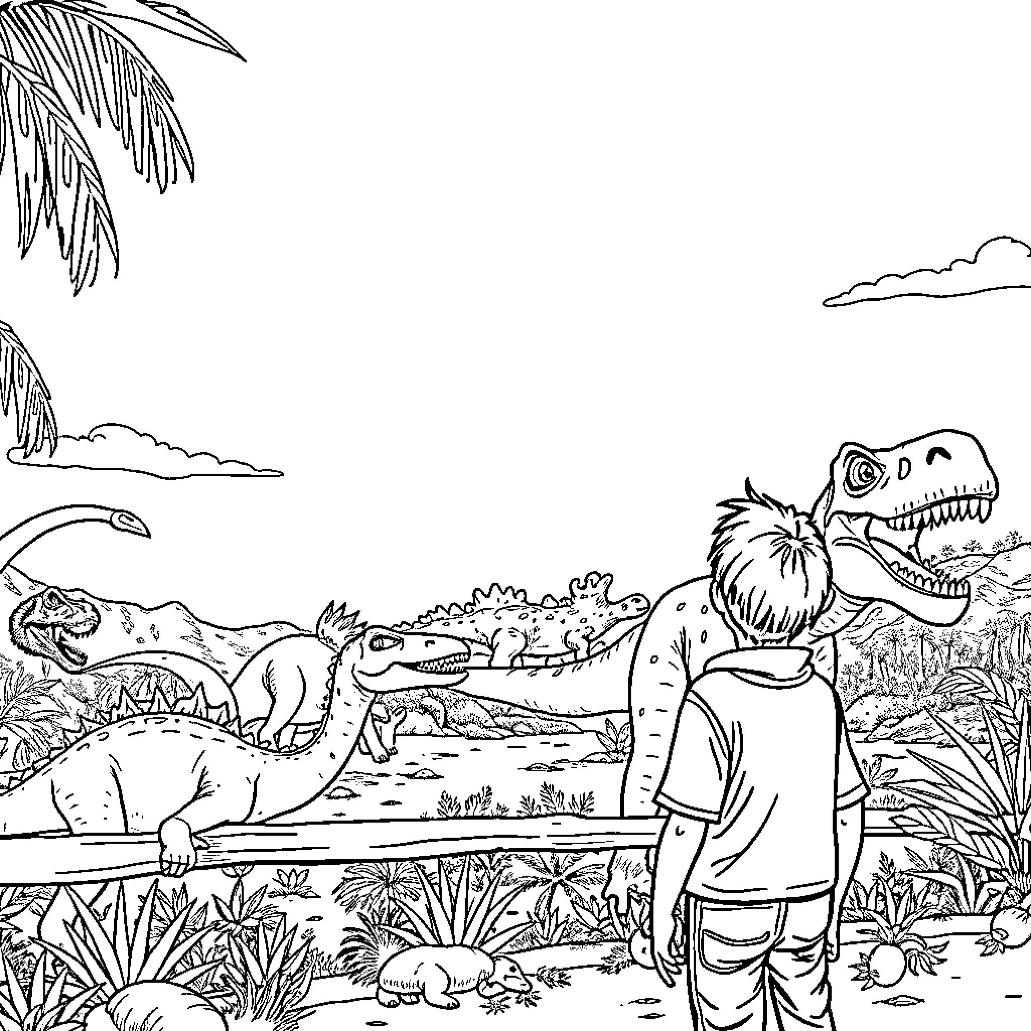 Marcus exploring the prehistoric landscape with dinosaurs Coloring Page (free black-and-white line drawing printable PDF for all, from beginners to advanced learners, including children, teens, adults, and seniors)