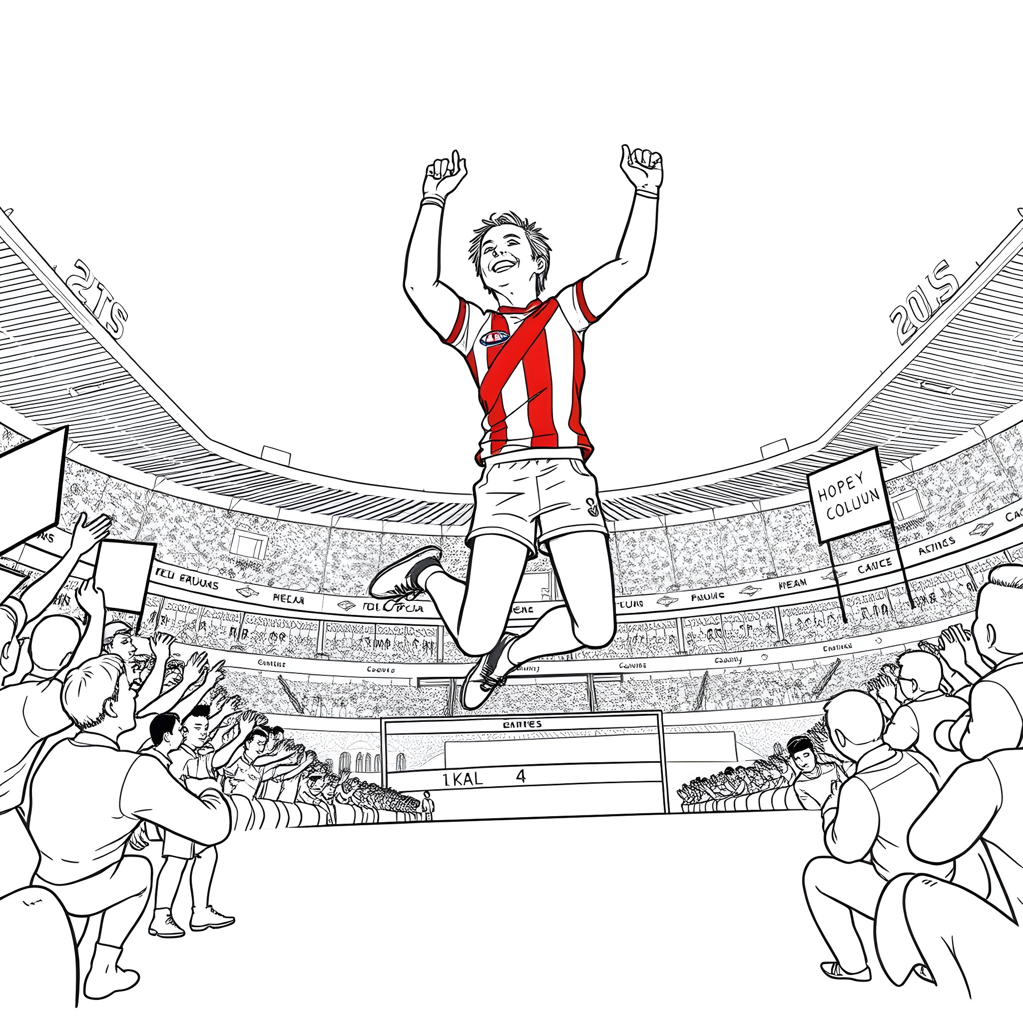 Fan celebrating with arms raised in sports stadium Coloring Page (free black-and-white line drawing printable PDF for all, from beginners to advanced learners, including children, teens, adults, and seniors)