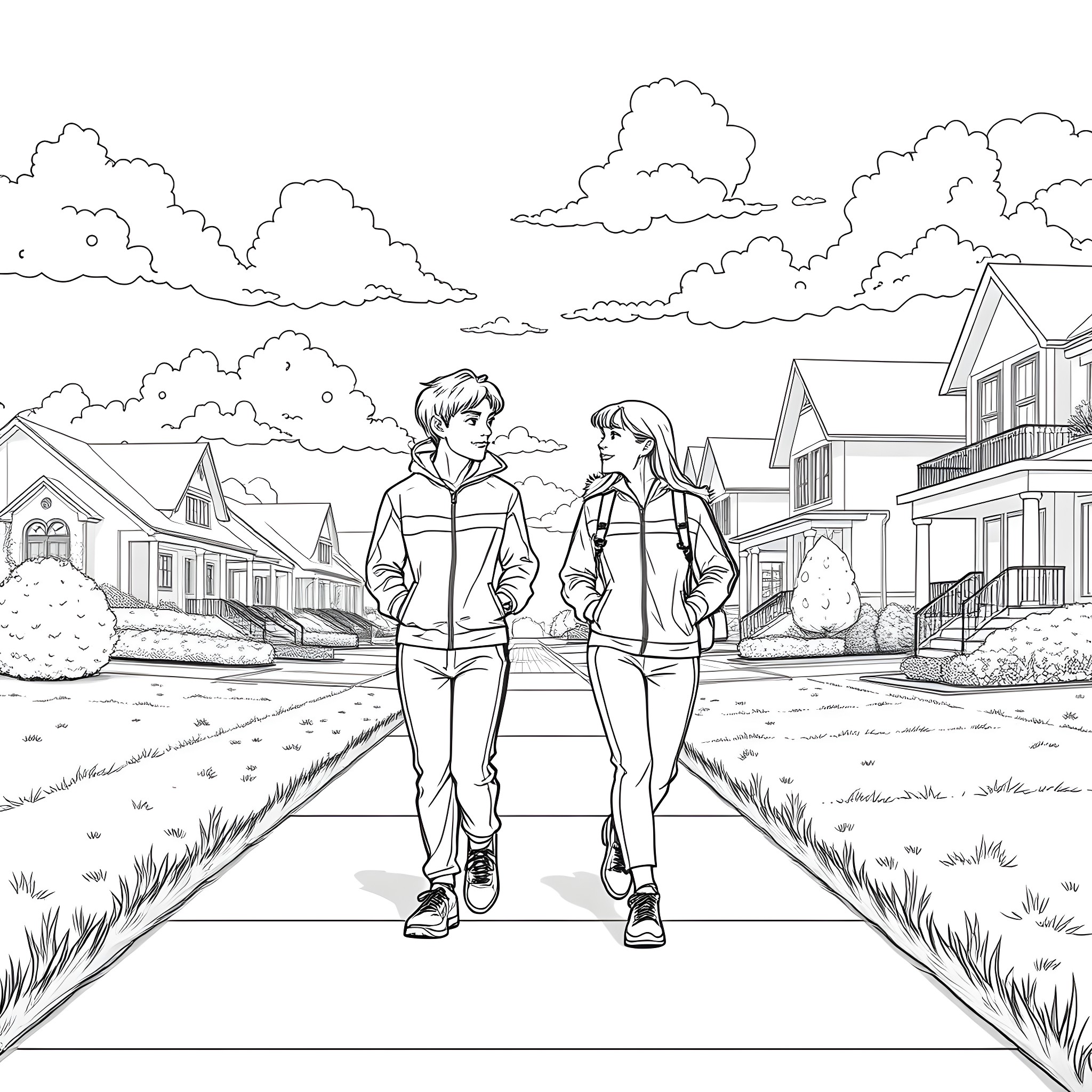 Pre-teen friends walking together in a suburban neighborhood Coloring Page (free black-and-white line drawing printable PDF for all, from beginners to advanced learners, including children, teens, adults, and seniors)