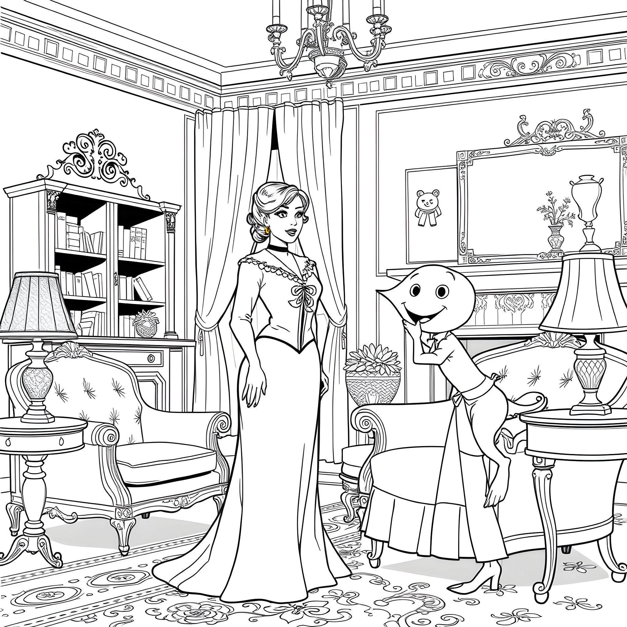 Woman posing elegantly in a classic interior Coloring Page (free black-and-white line drawing printable PDF for all, from beginners to advanced learners, including children, teens, adults, and seniors)