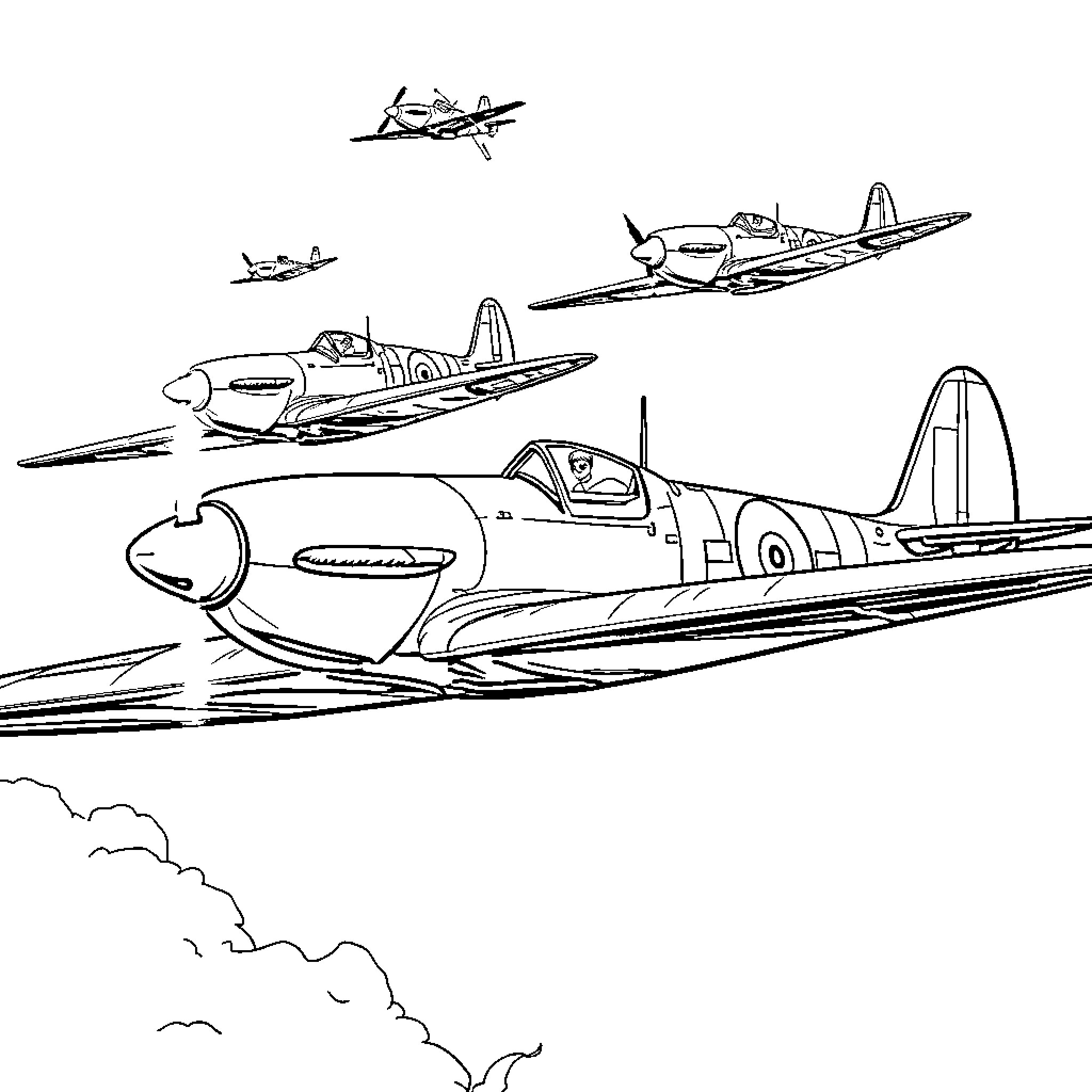 Spitfire aircraft soaring in the sky Coloring Page (free black-and-white line drawing printable PDF for all, from beginners to advanced learners, including children, teens, adults, and seniors)