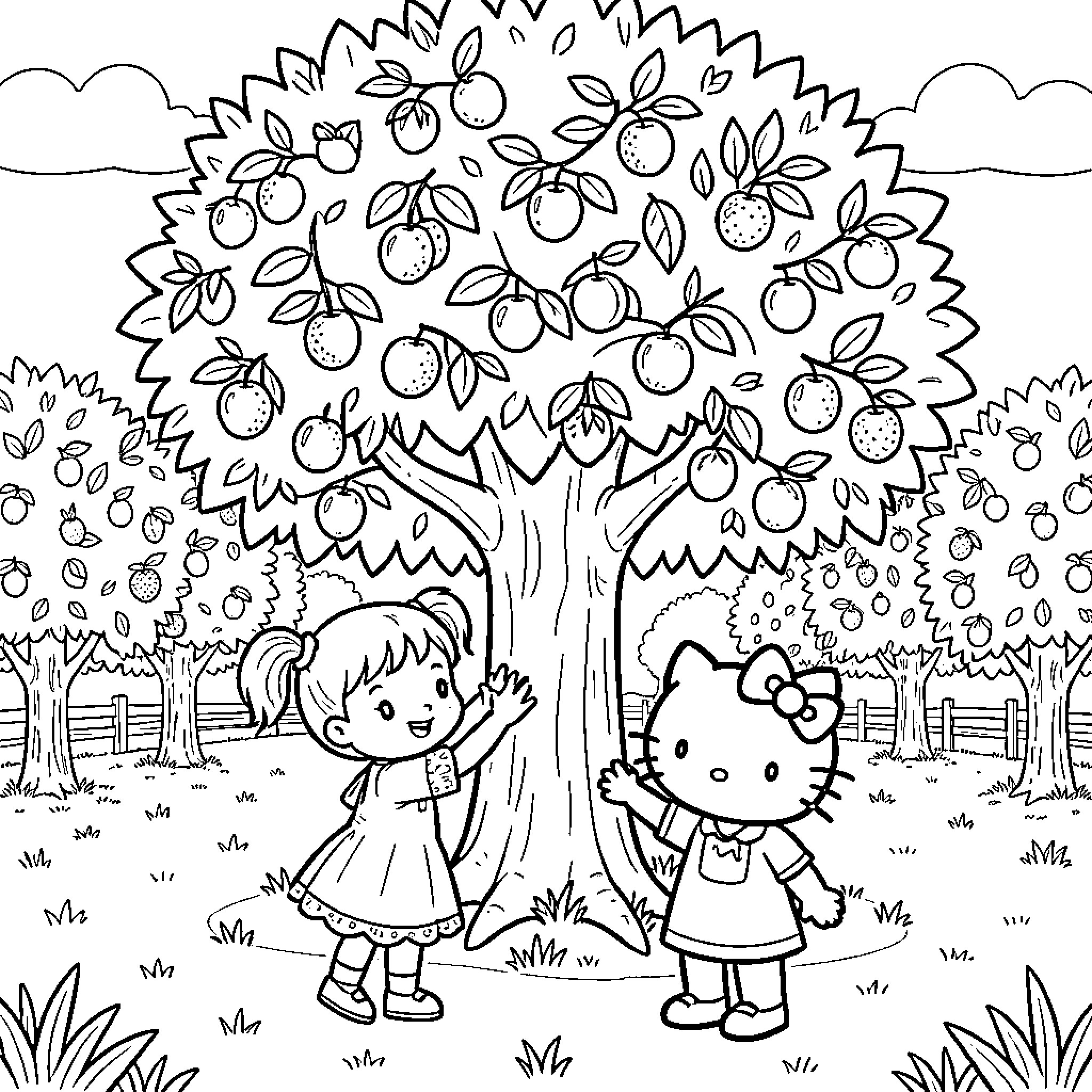 Girl and her friend exploring the orchard Coloring Page (free black-and-white line drawing printable PDF for all, from beginners to advanced learners, including children, teens, adults, and seniors)