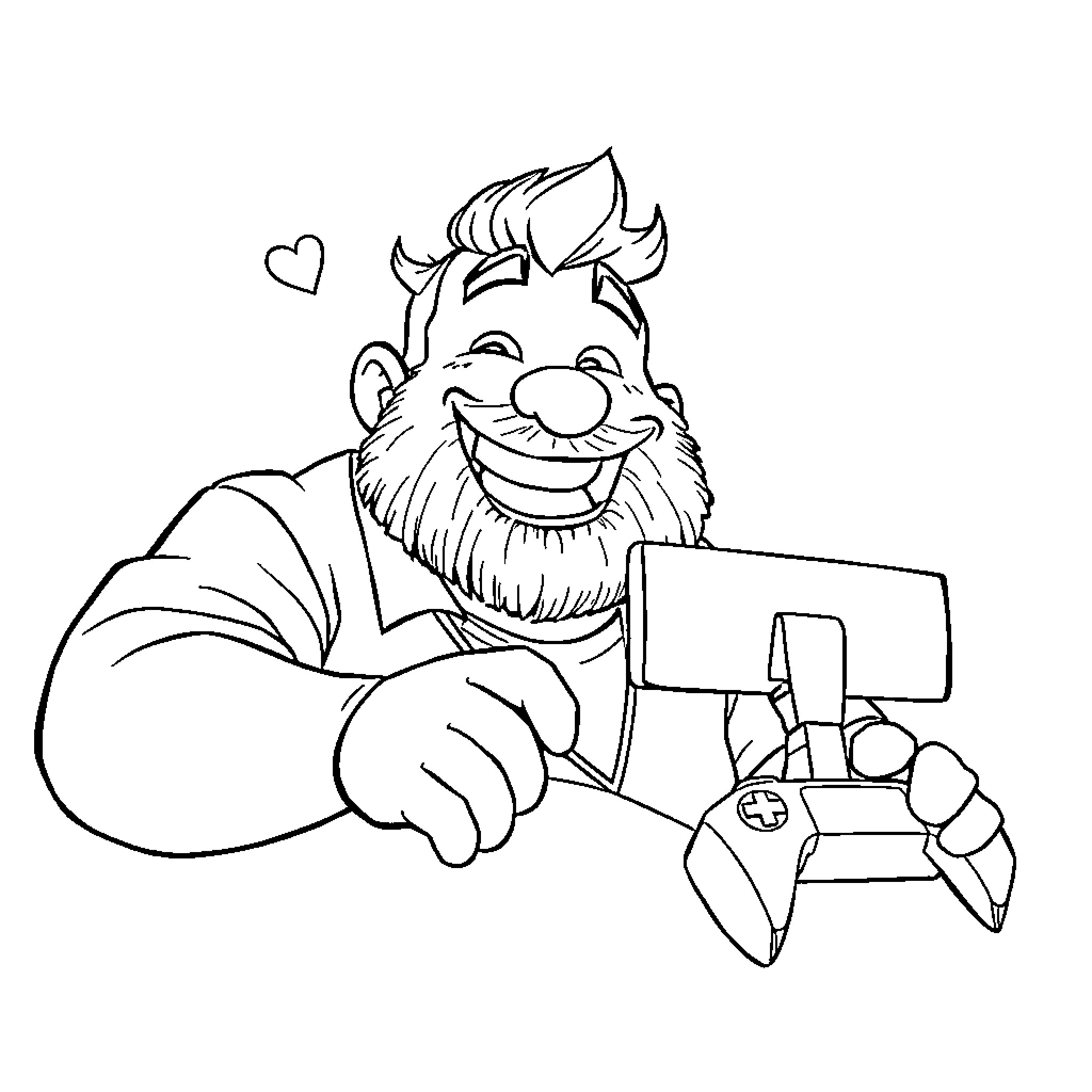 Ralf the friendly troll playing video games Coloring Page (free black-and-white line drawing printable PDF for all, from beginners to advanced learners, including children, teens, adults, and seniors)