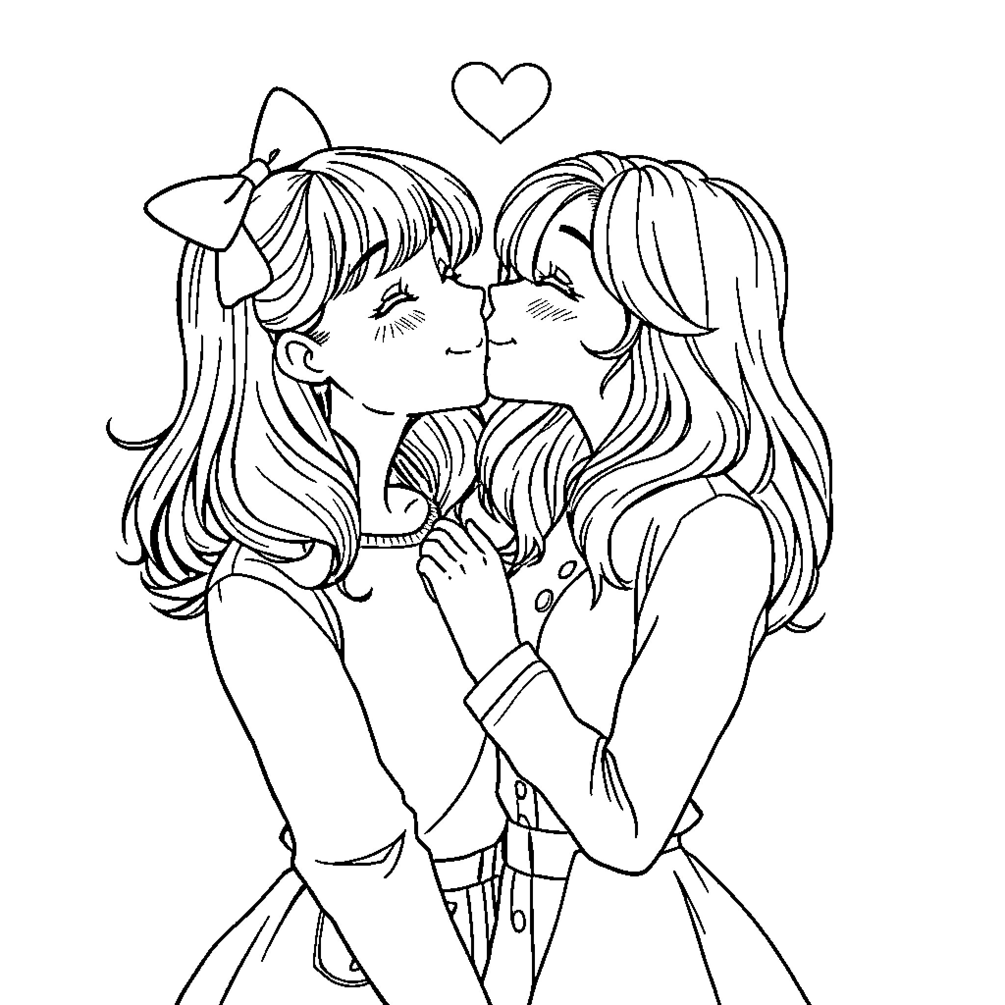 Girl Friends Embracing with Heart Coloring Page (free black-and-white line drawing printable PDF for all, from beginners to advanced learners, including children, teens, adults, and seniors)
