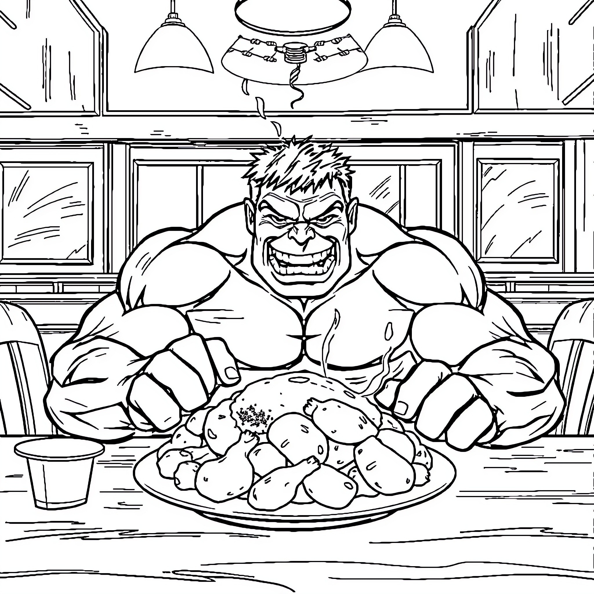 Hulk enjoying a hearty meal in his kitchen Coloring Page (free black-and-white line drawing printable PDF for all, from beginners to advanced learners, including children, teens, adults, and seniors)