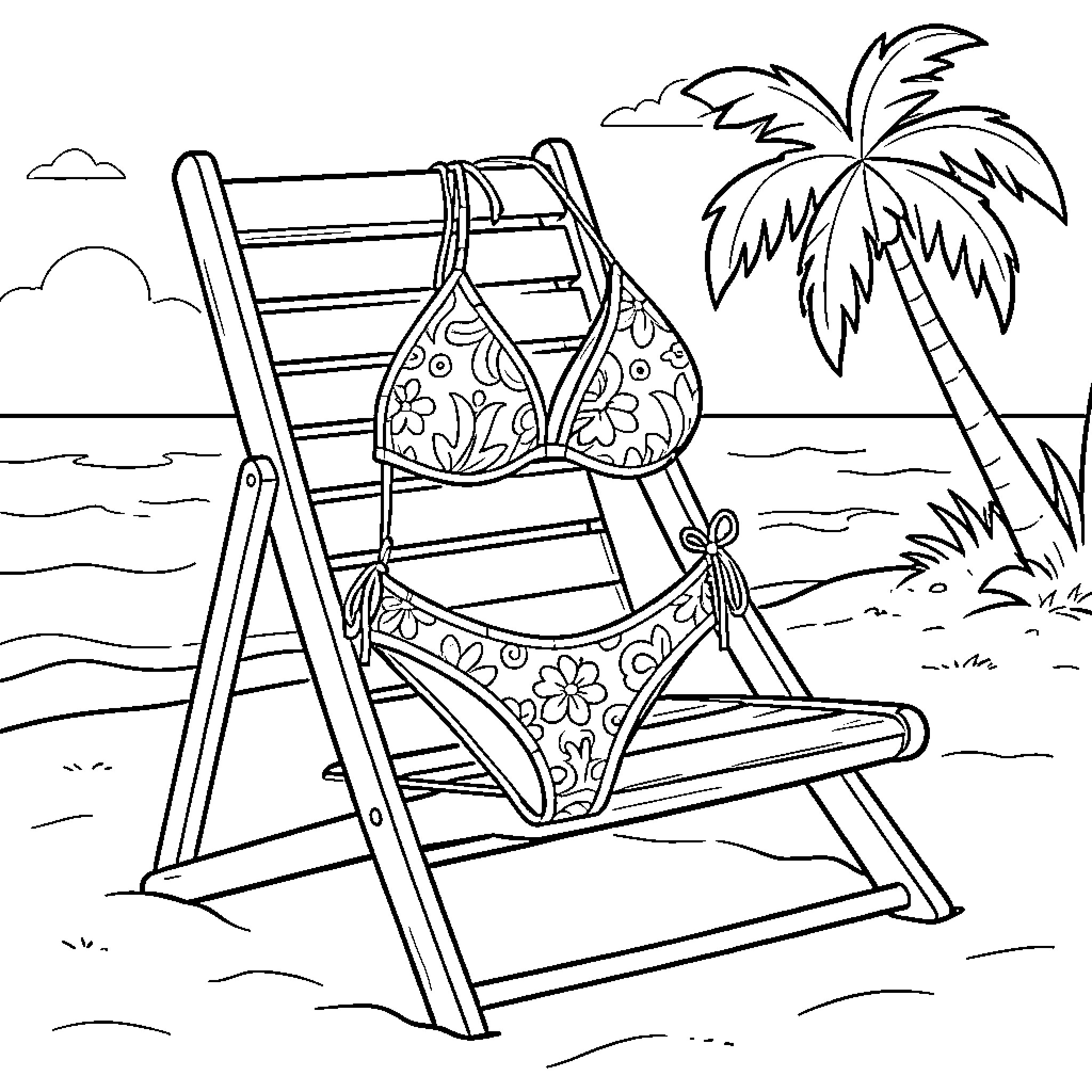 Bikini-clad beach chair with tropical scenery Coloring Page (free black-and-white line drawing printable PDF for all, from beginners to advanced learners, including children, teens, adults, and seniors)
