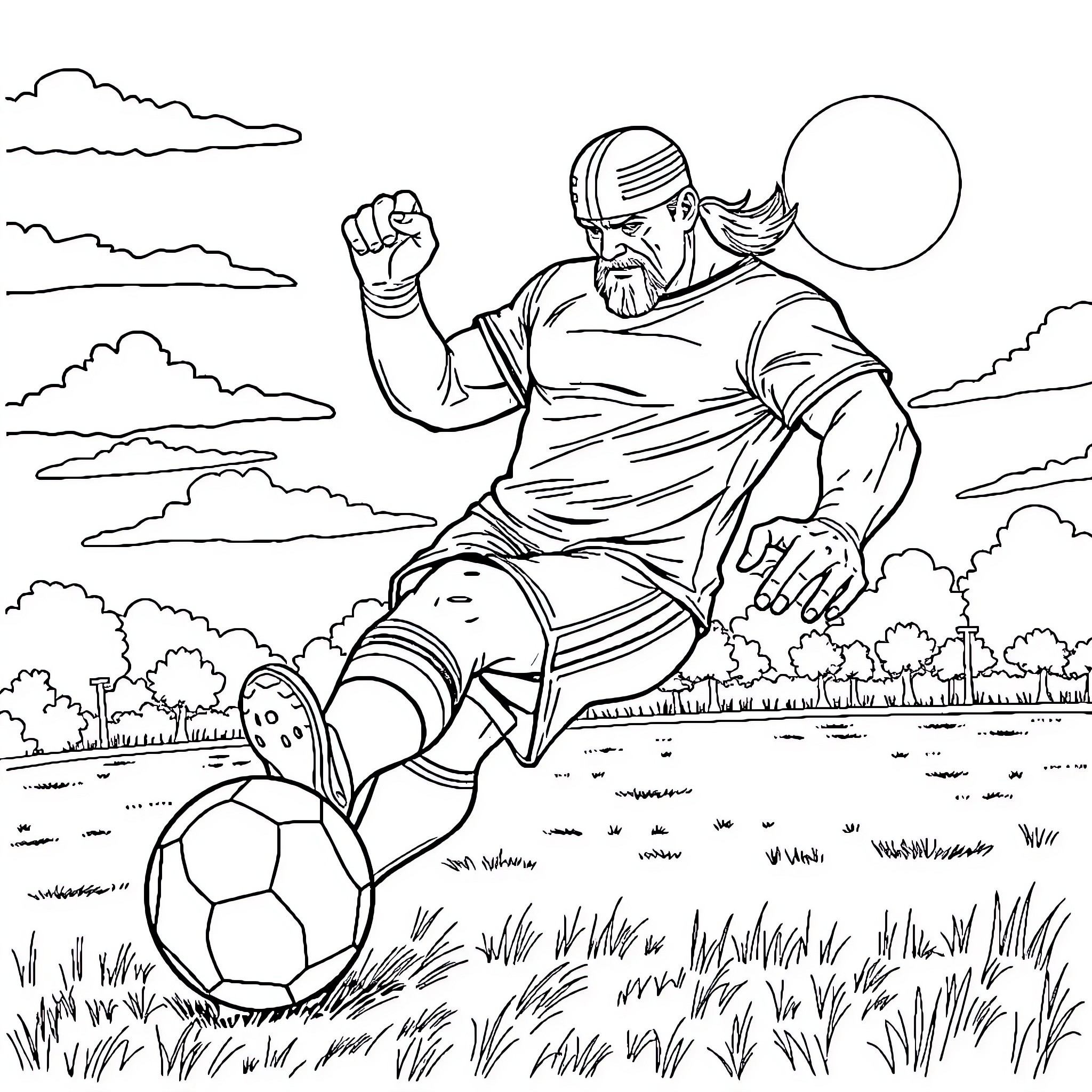Hulk Hogan kicking a soccer ball in the field Coloring Page (free black-and-white line drawing printable PDF for all, from beginners to advanced learners, including children, teens, adults, and seniors)