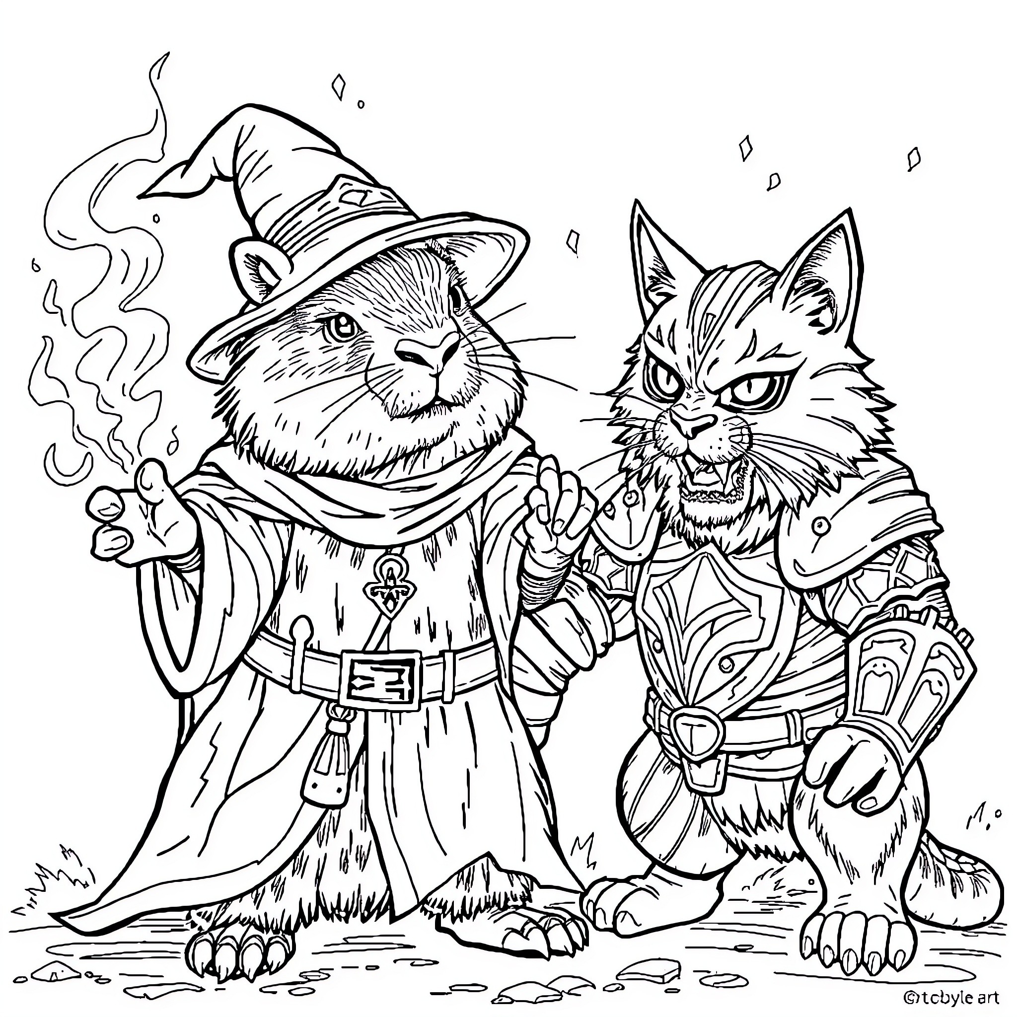 Capybara wizards and their feline companion Coloring Page (free black-and-white line drawing printable PDF for all, from beginners to advanced learners, including children, teens, adults, and seniors)