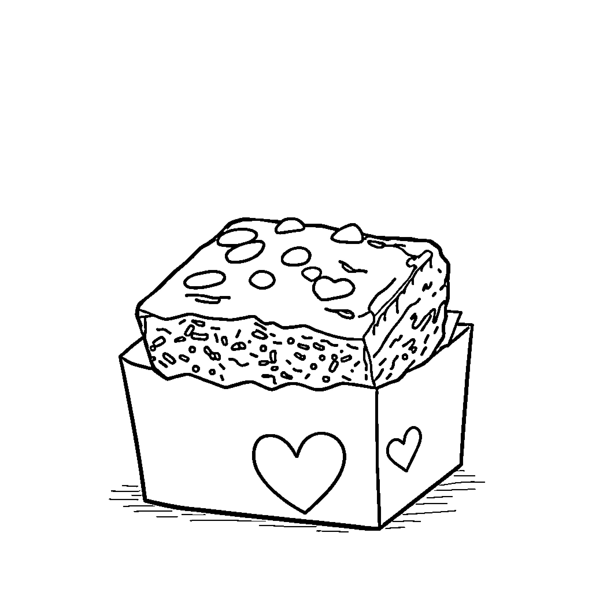 Brownie in a Heart-Shaped Box Coloring Page (free black-and-white line drawing printable PDF for all, from beginners to advanced learners, including children, teens, adults, and seniors)