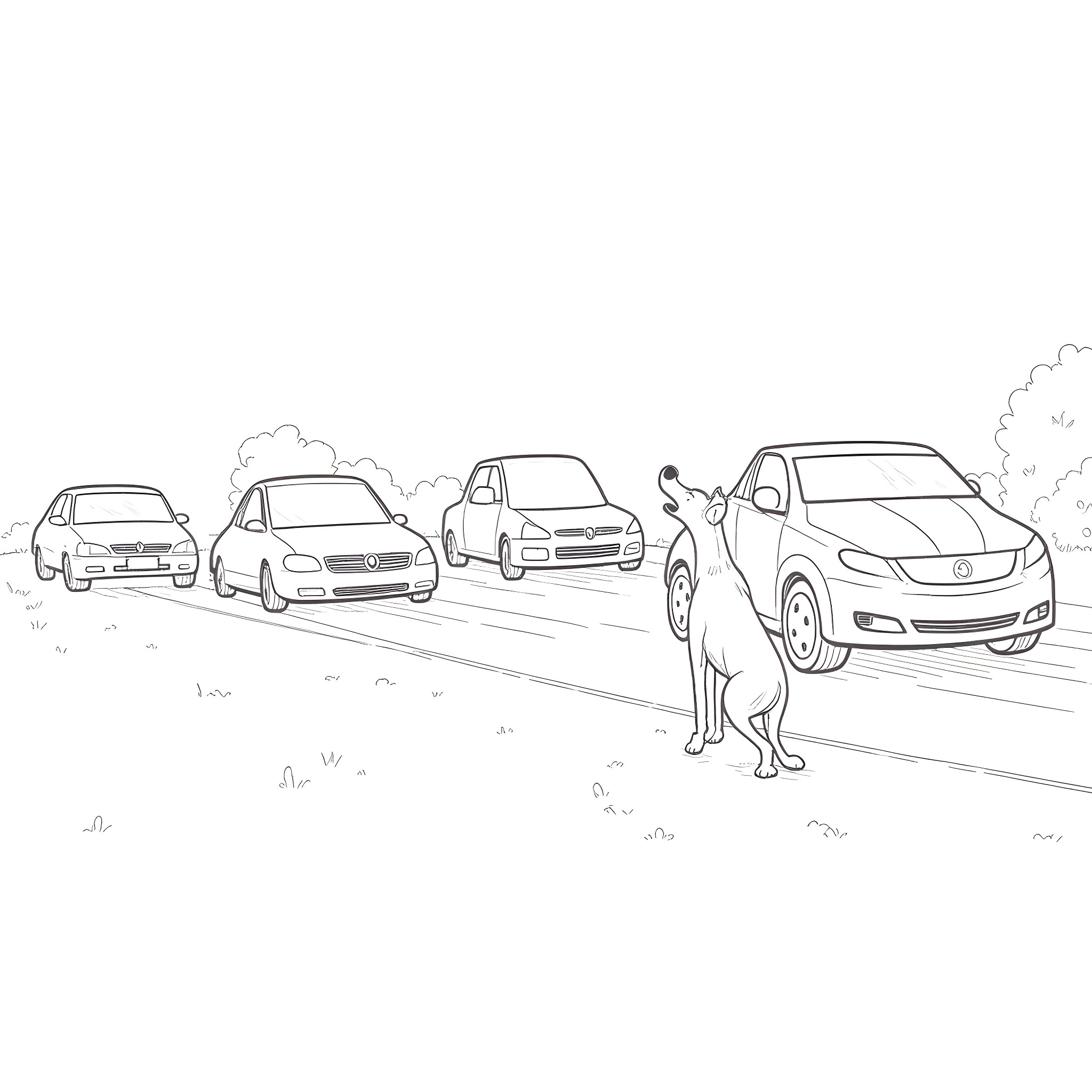 Dog crossing the street carefully Coloring Page (free black-and-white line drawing printable PDF for all, from beginners to advanced learners, including children, teens, adults, and seniors)