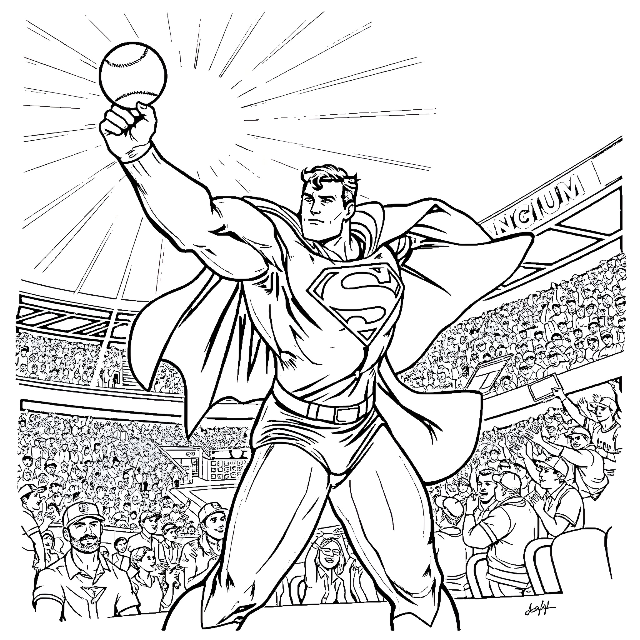 Superman triumphantly displaying sports trophy in stadium Coloring Page (free black-and-white line drawing printable PDF for all, from beginners to advanced learners, including children, teens, adults, and seniors)