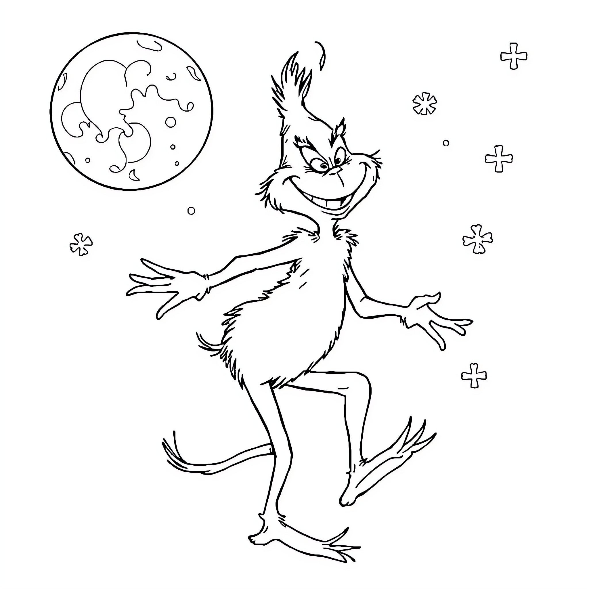 Grinch dancing under the moonlight Coloring Page (free black-and-white line drawing printable PDF for all, from beginners to advanced learners, including children, teens, adults, and seniors)