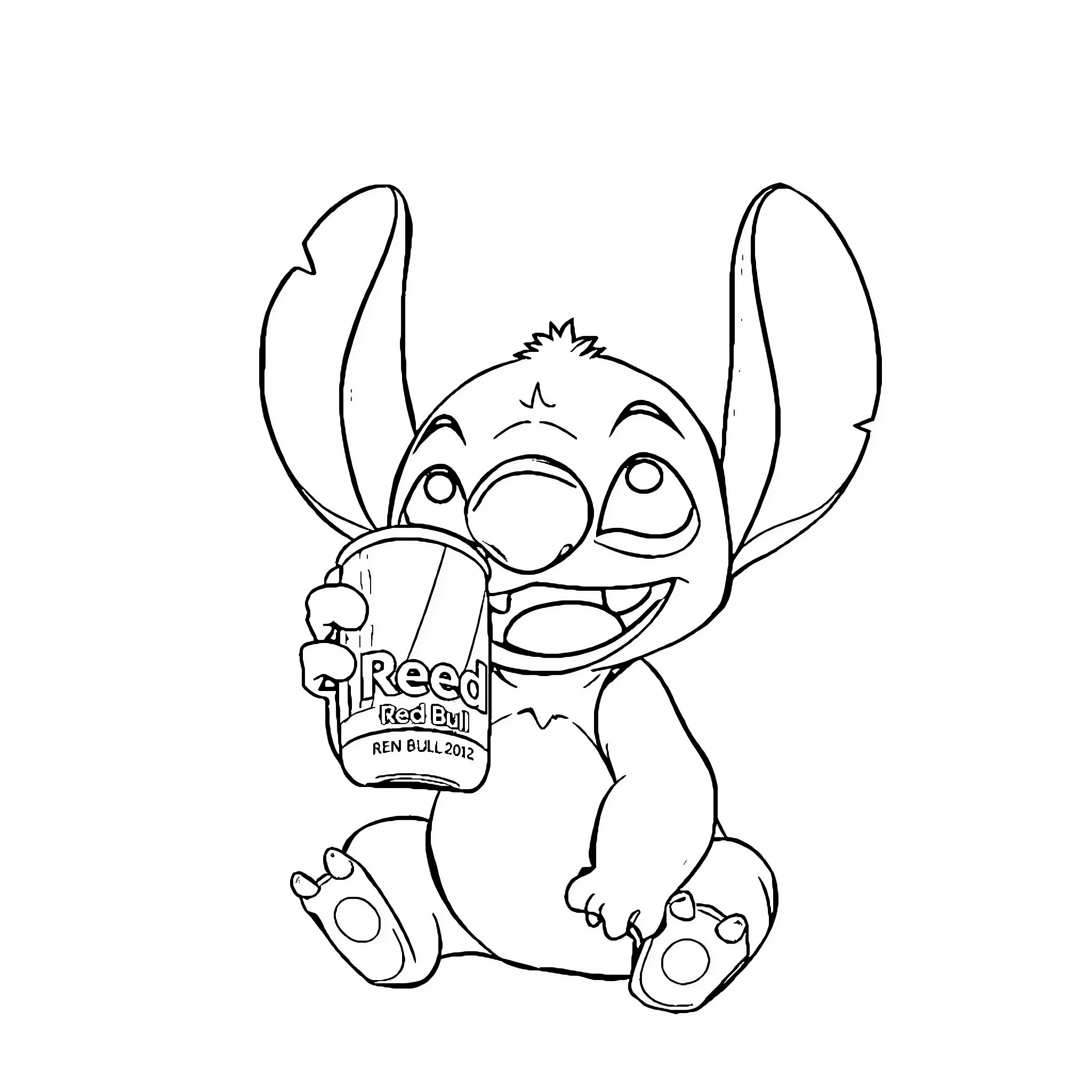 Stitch drinking a refreshing beverage Coloring Page (free black-and-white line drawing printable PDF for all, from beginners to advanced learners, including children, teens, adults, and seniors)