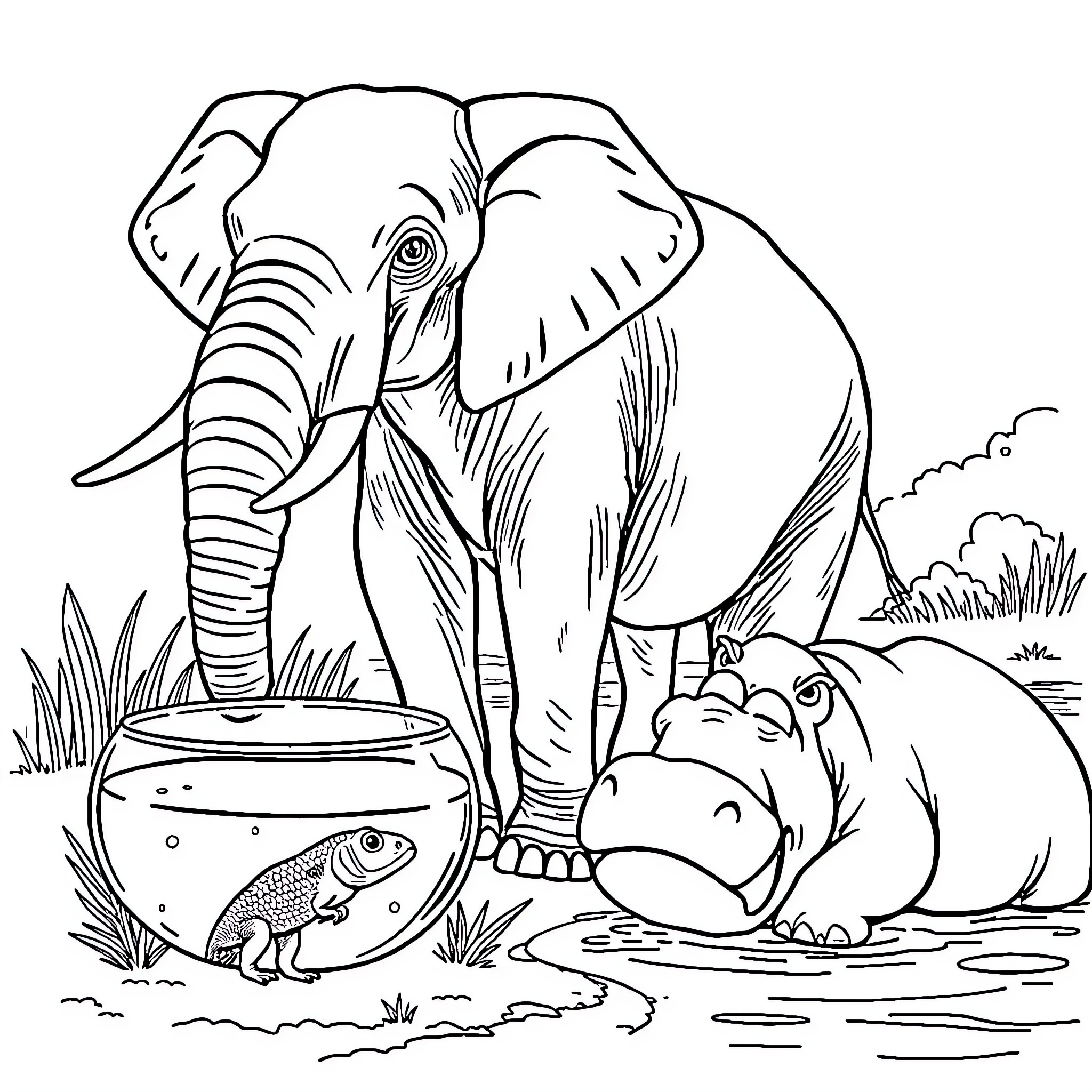 Animal scene with elephant and hippo at watering hole Coloring Page (free black-and-white line drawing printable PDF for all, from beginners to advanced learners, including children, teens, adults, and seniors)