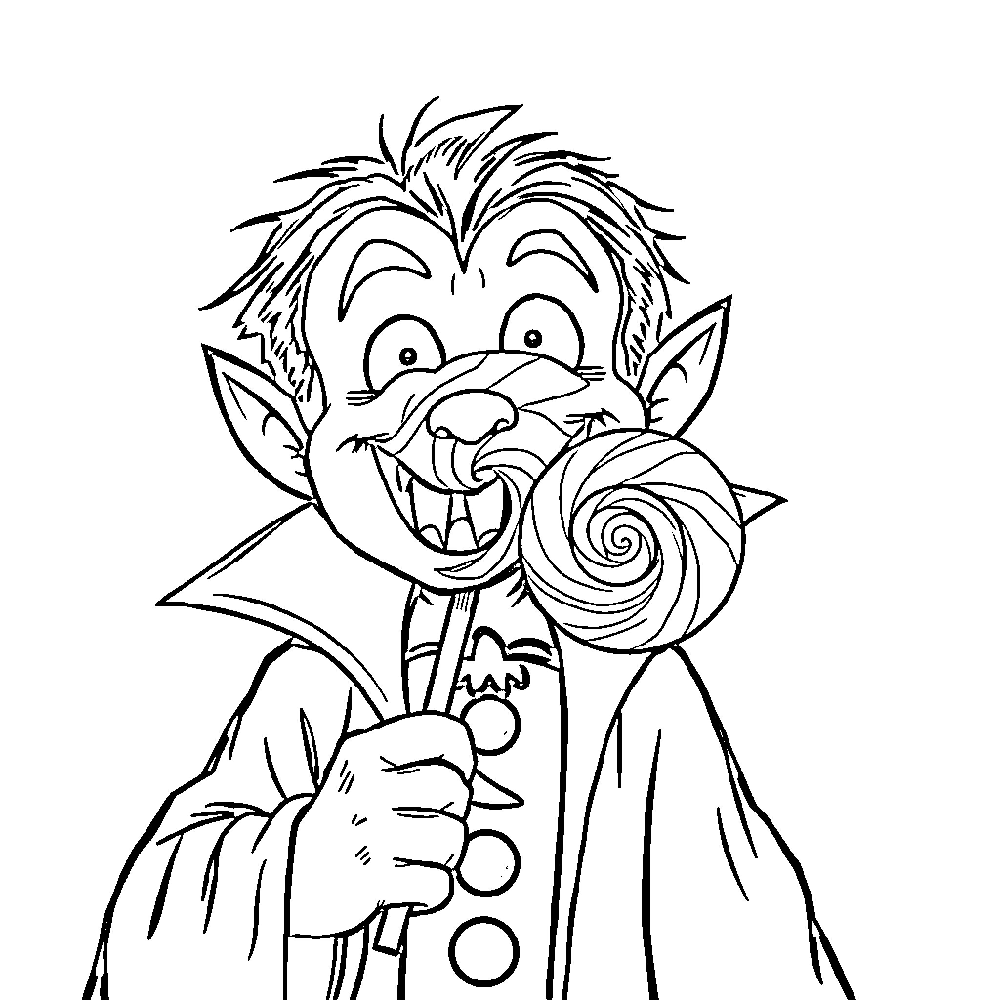 Vampire Cartoon Character Holding Lollipop Coloring Page (free black-and-white line drawing printable PDF for all, from beginners to advanced learners, including children, teens, adults, and seniors)