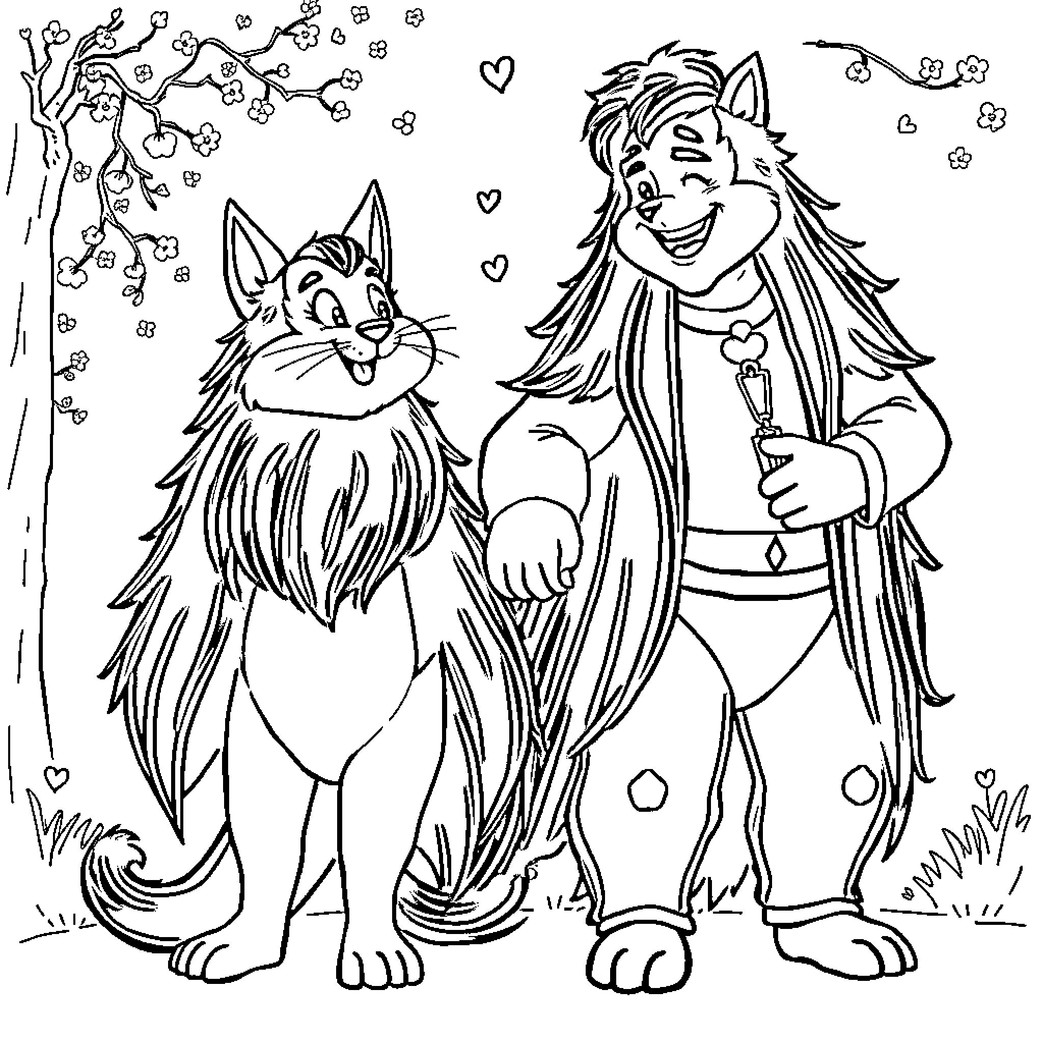 Alastor and his feline companion in whimsical surroundings Coloring Page (free black-and-white line drawing printable PDF for all, from beginners to advanced learners, including children, teens, adults, and seniors)