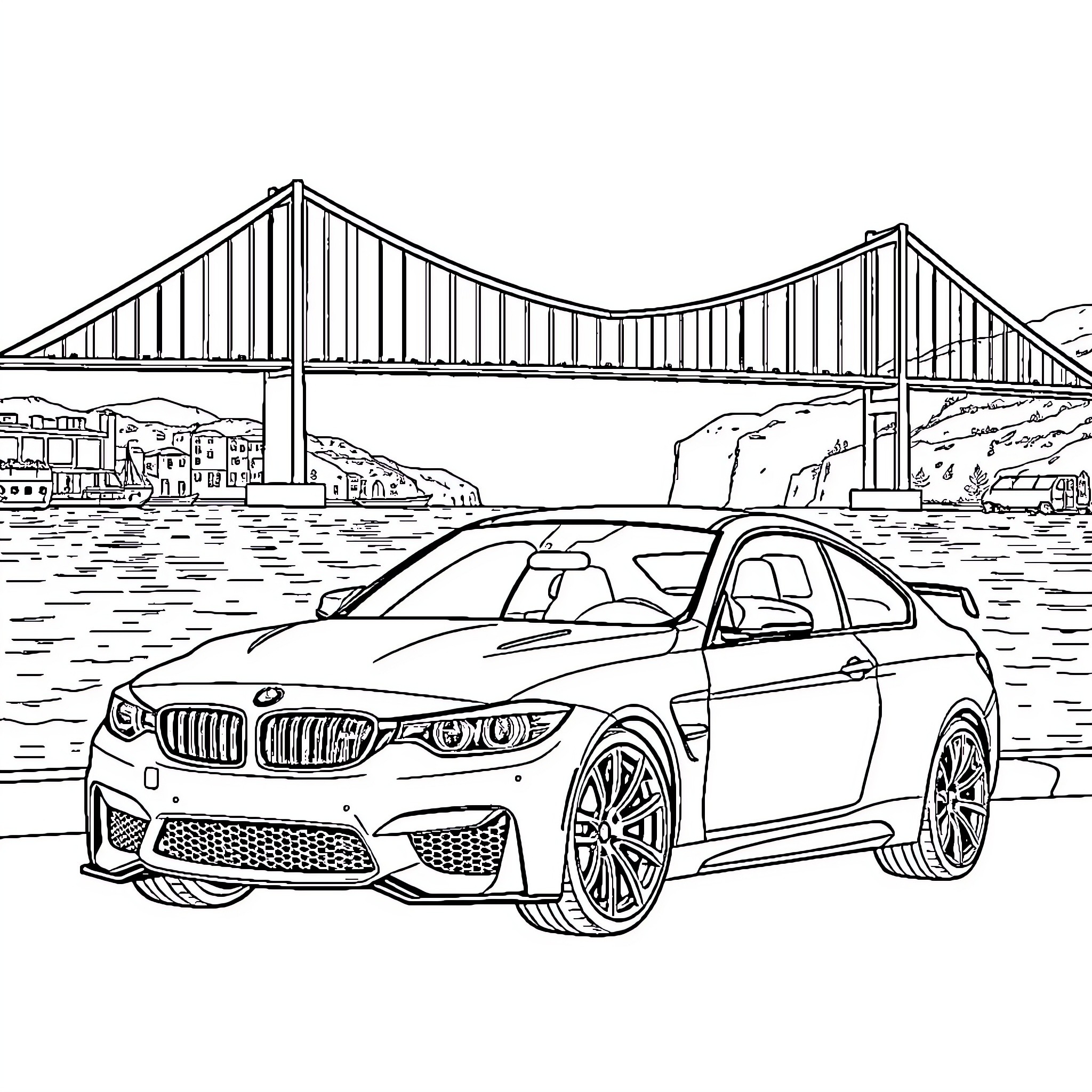 BMW Sports Car at the Bay Bridge Coloring Page (free black-and-white line drawing printable PDF for all, from beginners to advanced learners, including children, teens, adults, and seniors)