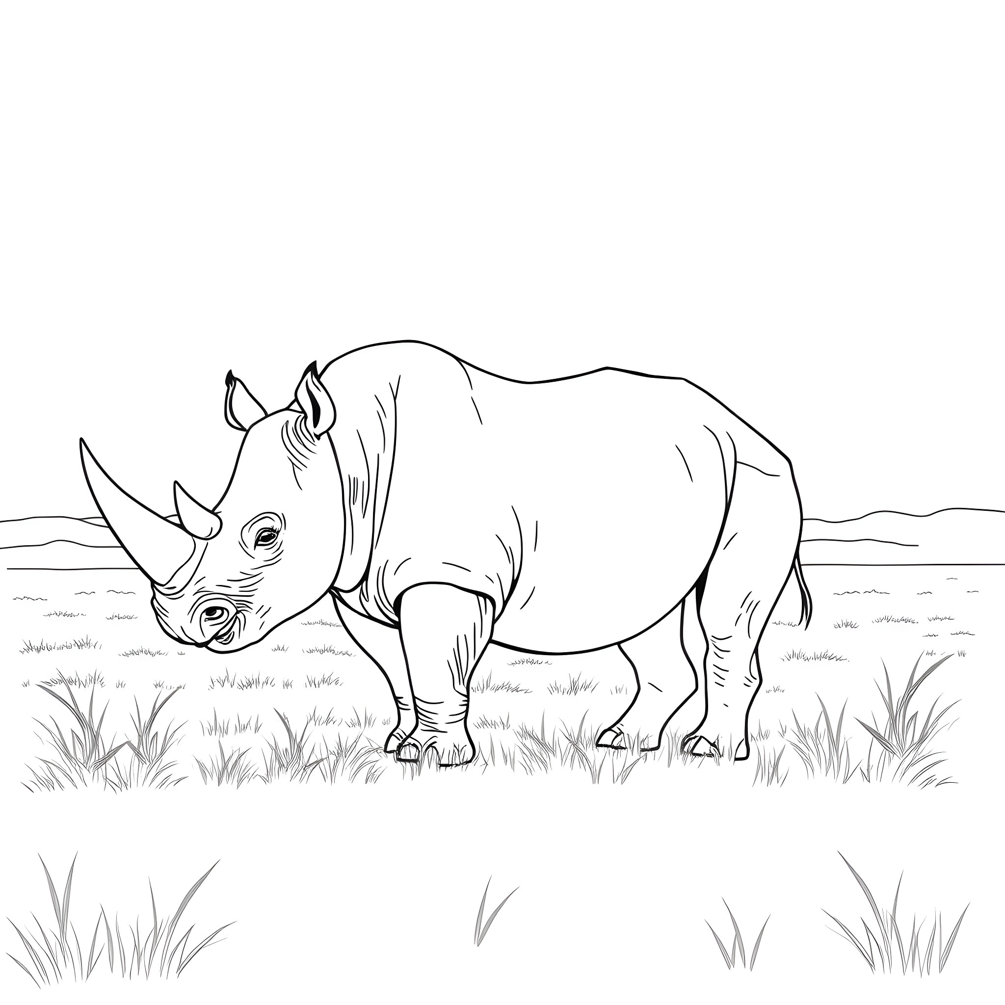 Rhinoceros standing in the grasslands Coloring Page (free black-and-white line drawing printable PDF for all, from beginners to advanced learners, including children, teens, adults, and seniors)