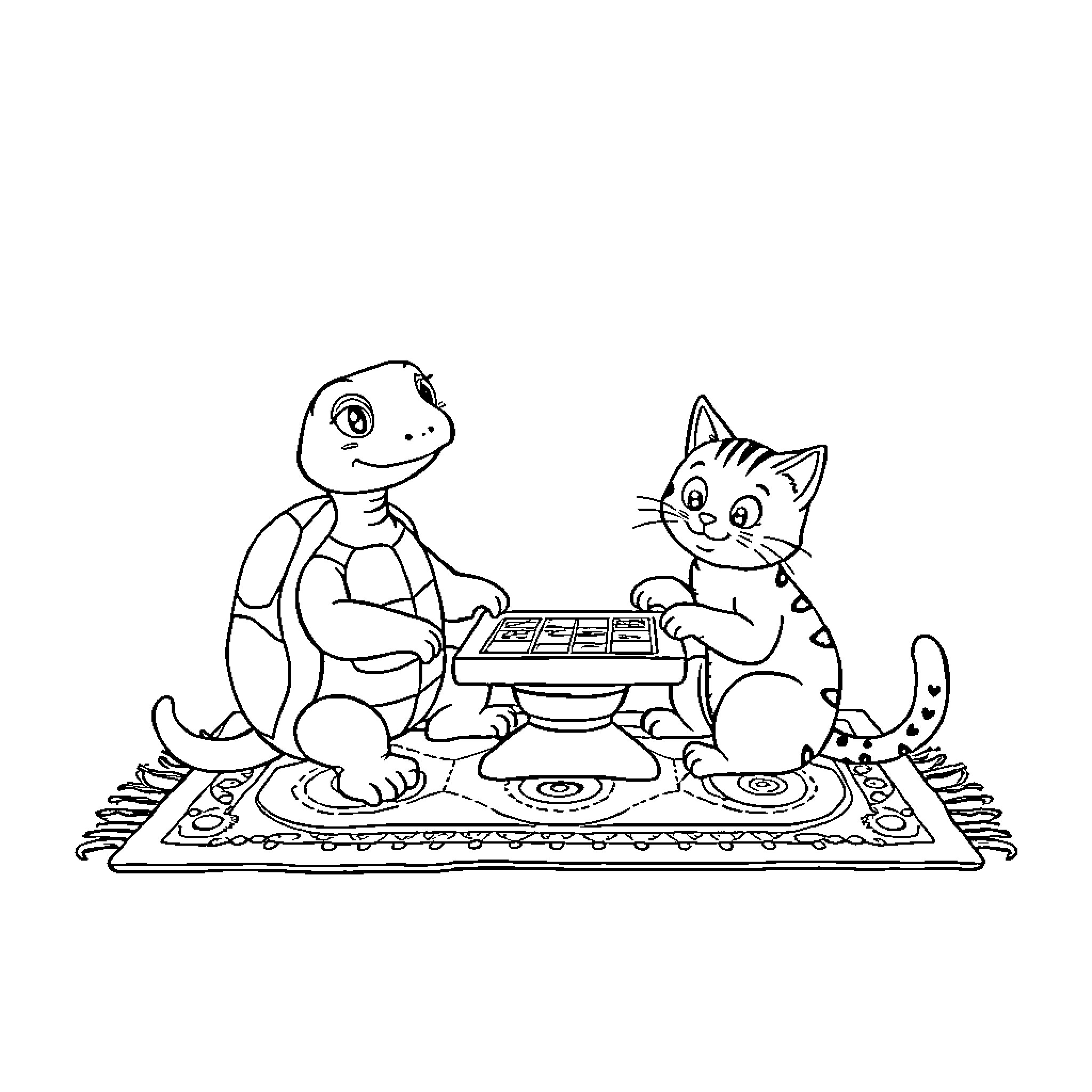 Turtle and cat playing video games on a rug Coloring Page (free black-and-white line drawing printable PDF for all, from beginners to advanced learners, including children, teens, adults, and seniors)