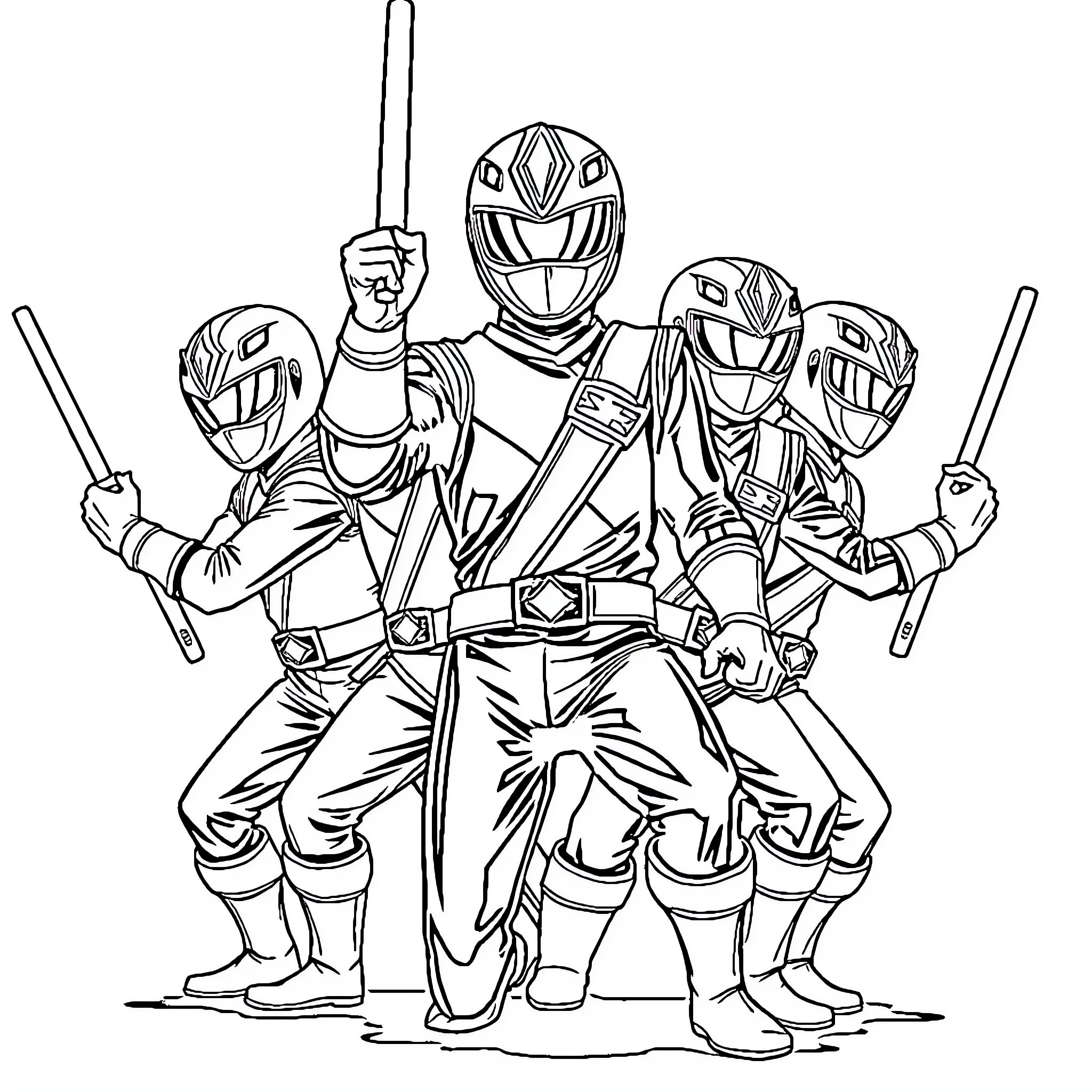 Kakuranger Ninja Warriors in Action Poses Coloring Page (free black-and-white line drawing printable PDF for all, from beginners to advanced learners, including children, teens, adults, and seniors)
