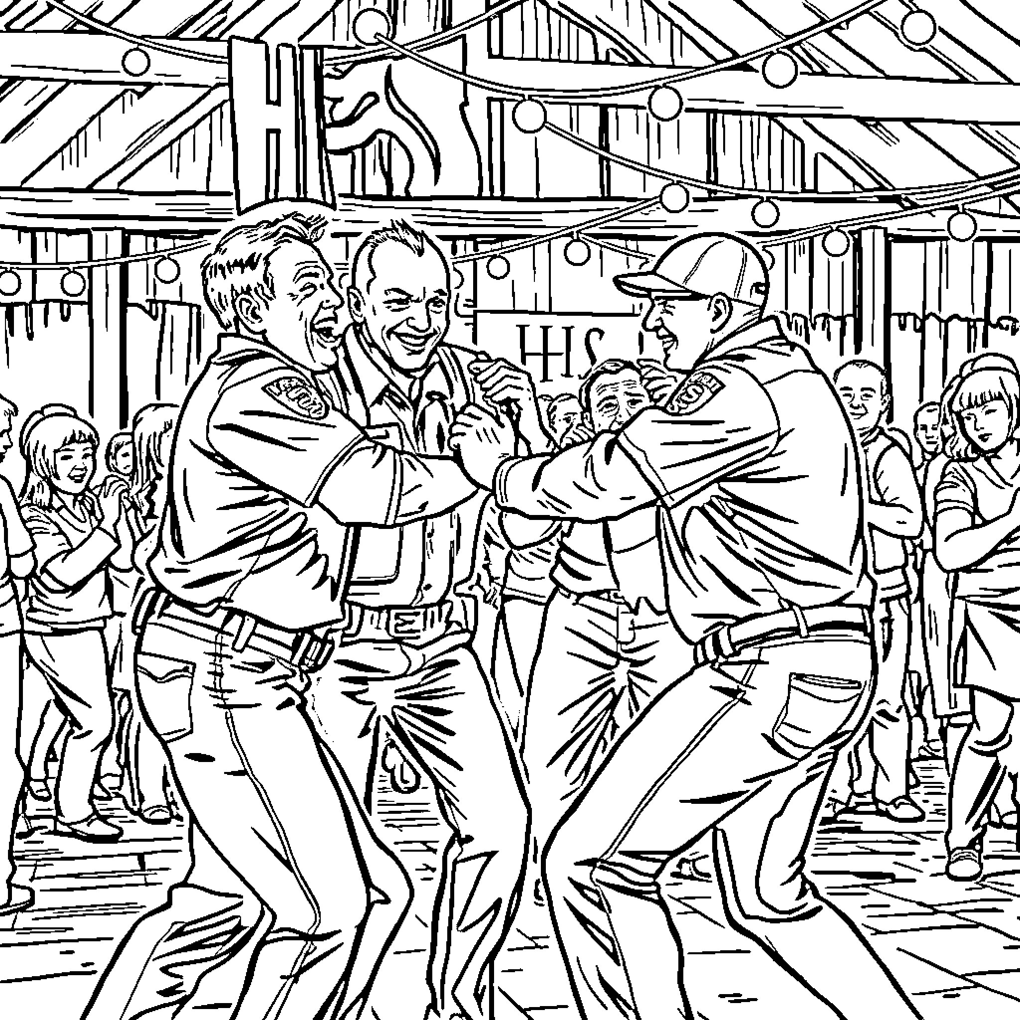 DHS Agents Apprehending Suspects in Crowded Warehouse Coloring Page (free black-and-white line drawing printable PDF for all, from beginners to advanced learners, including children, teens, adults, and seniors)