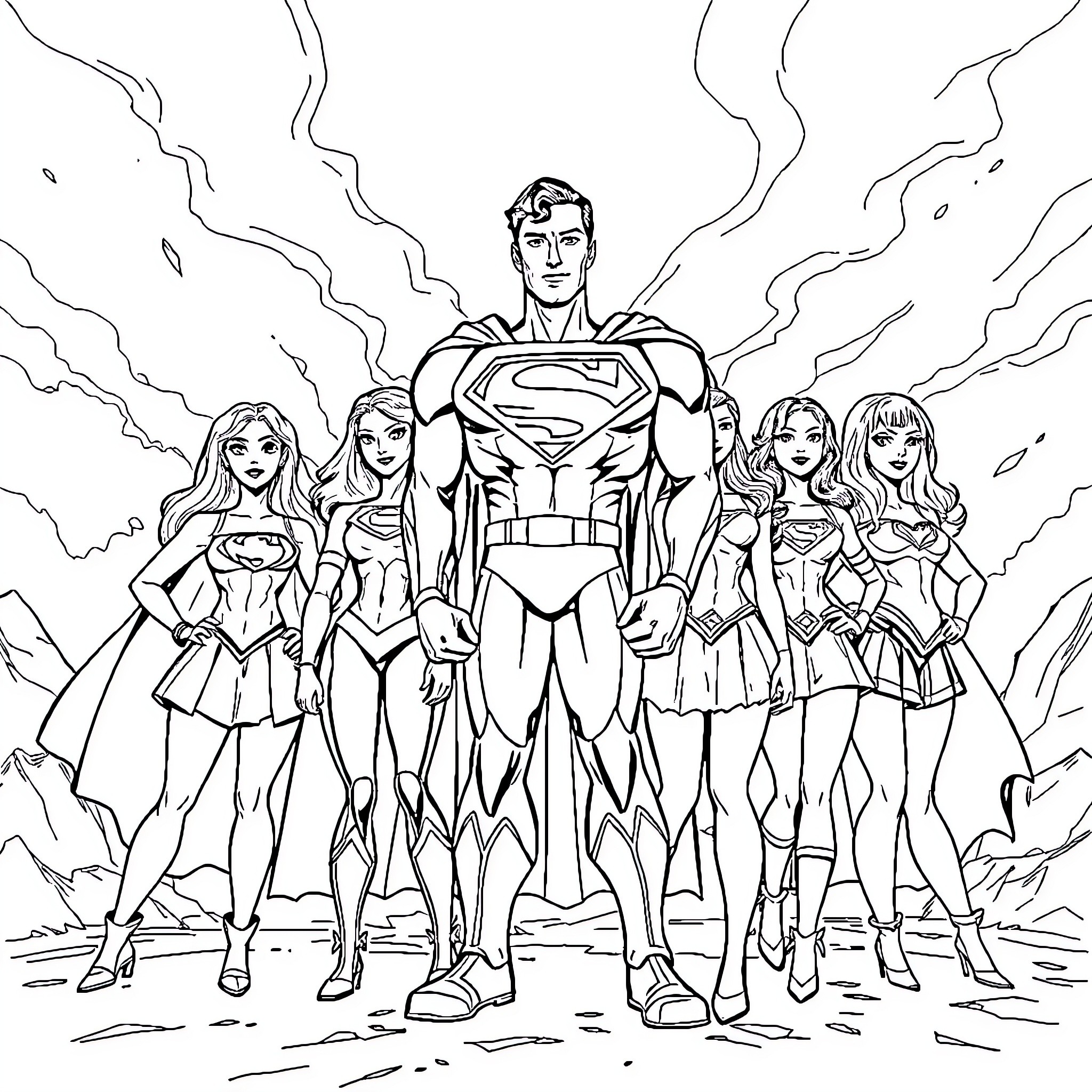 Charms of Superhero Team in Action Coloring Page (free black-and-white line drawing printable PDF for all, from beginners to advanced learners, including children, teens, adults, and seniors)