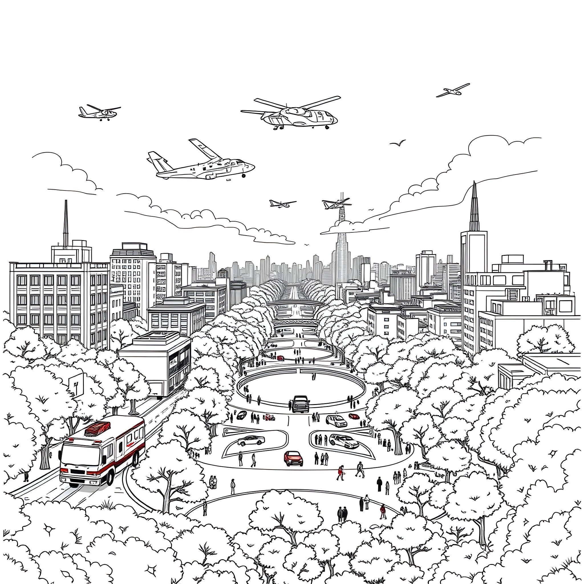 Air Ambulance rescuing injured in busy city scene Coloring Page (free black-and-white line drawing printable PDF for all, from beginners to advanced learners, including children, teens, adults, and seniors)