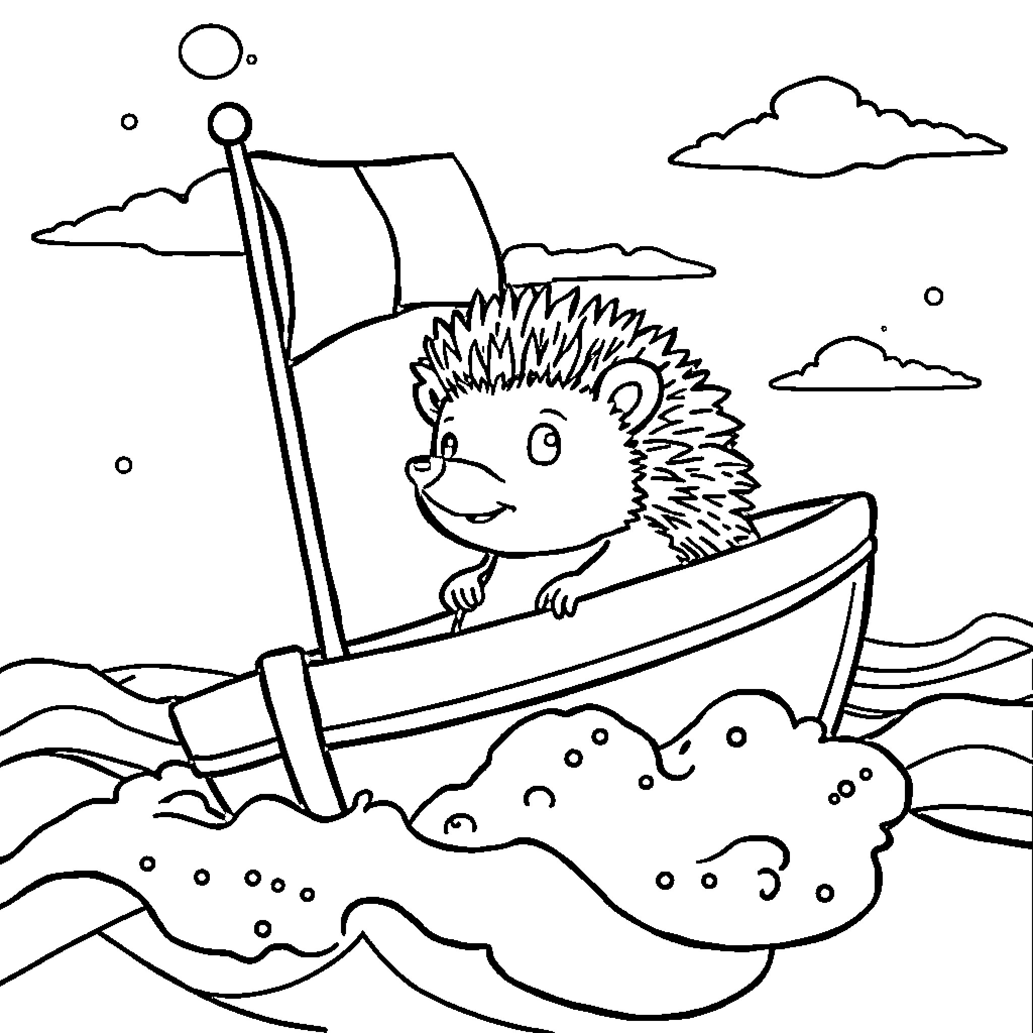 Hedgehog sailing on a boat in the ocean Coloring Page (free black-and-white line drawing printable PDF for all, from beginners to advanced learners, including children, teens, adults, and seniors)