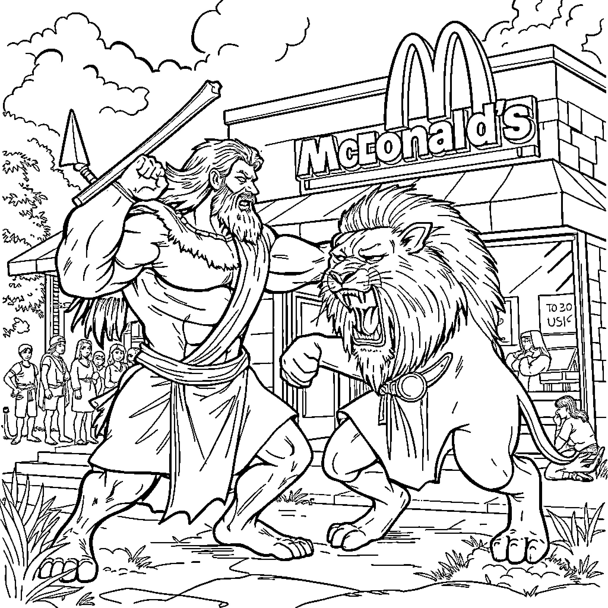 Samson facing off with a roaring lion near a McDonald's Coloring Page (free black-and-white line drawing printable PDF for all, from beginners to advanced learners, including children, teens, adults, and seniors)