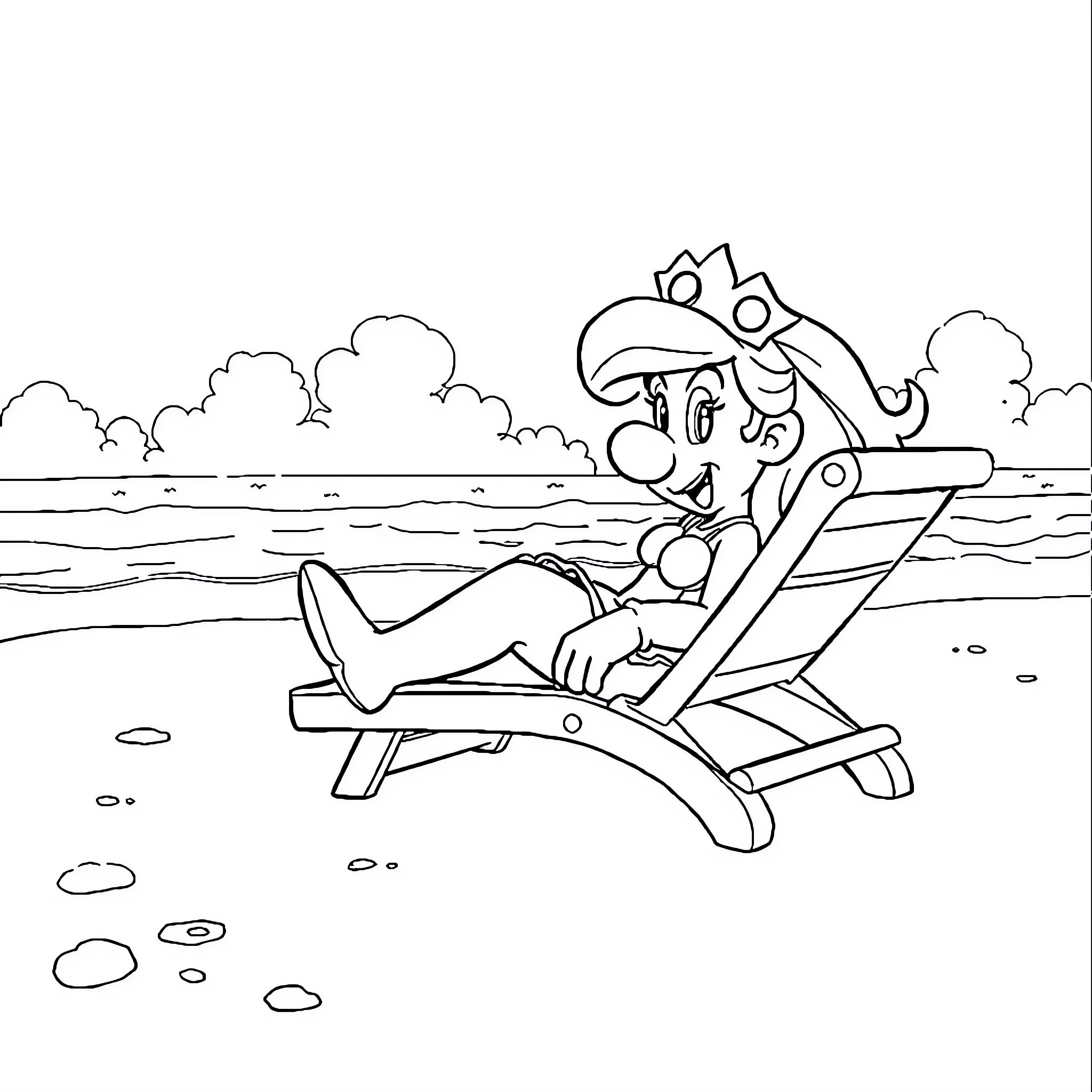 Princess relaxing on a lounge chair by the beach Coloring Page (free black-and-white line drawing printable PDF for all, from beginners to advanced learners, including children, teens, adults, and seniors)