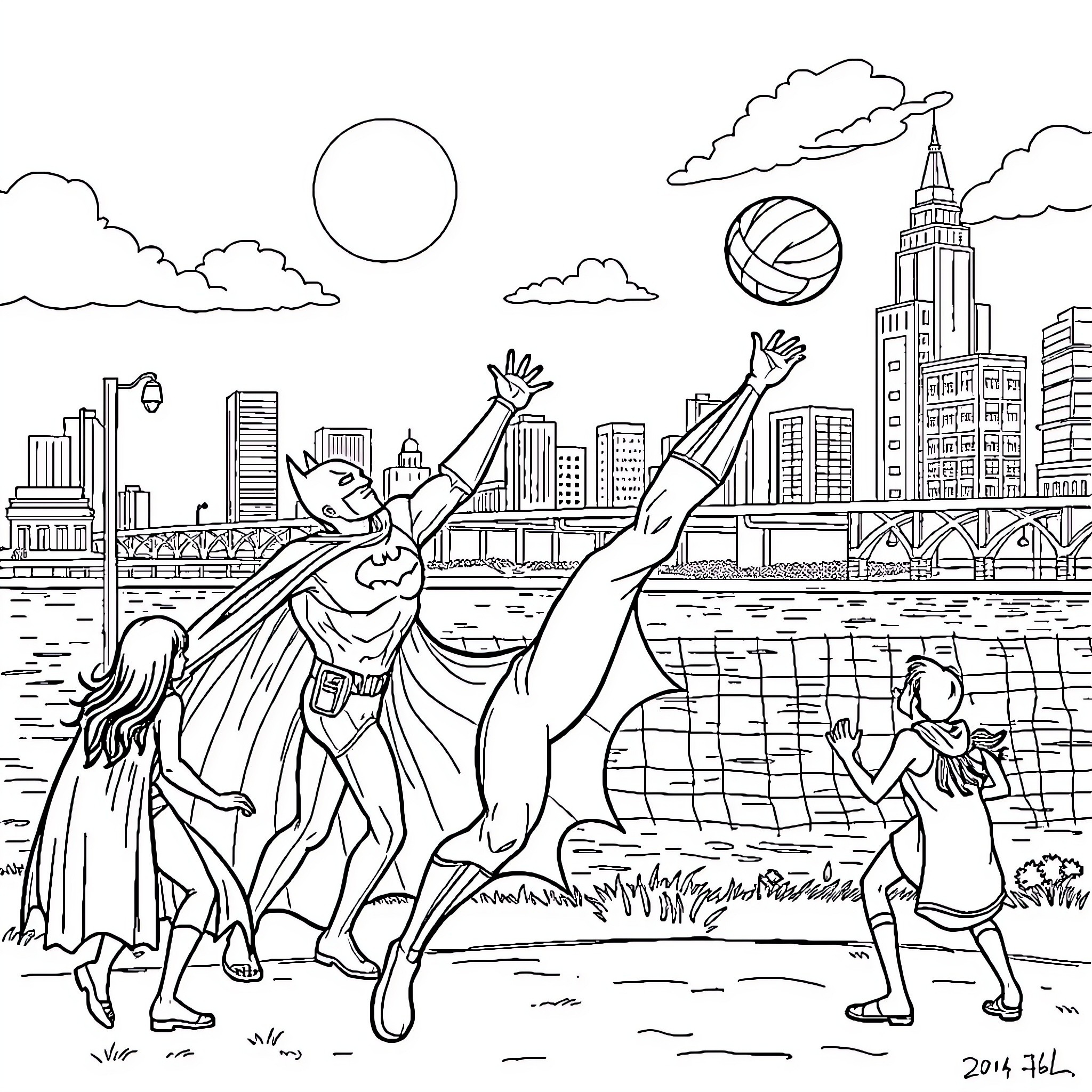 Batman and friends playing volleyball in the city Coloring Page (free black-and-white line drawing printable PDF for all, from beginners to advanced learners, including children, teens, adults, and seniors)