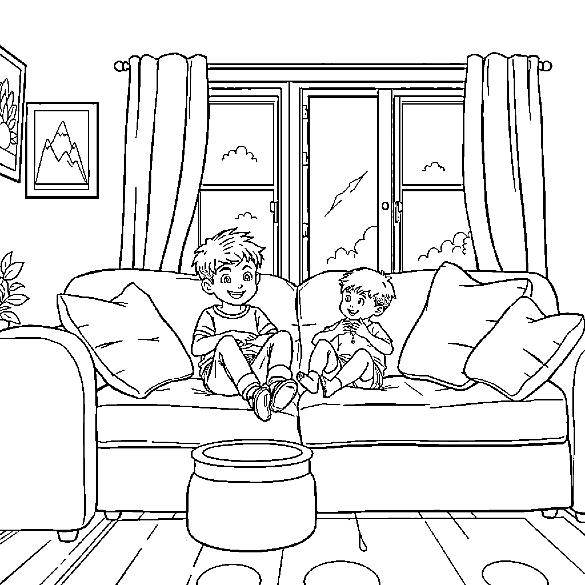 Boy and his friend relax on sofa at home Coloring Page (free black-and-white line drawing printable PDF for all, from beginners to advanced learners, including children, teens, adults, and seniors)
