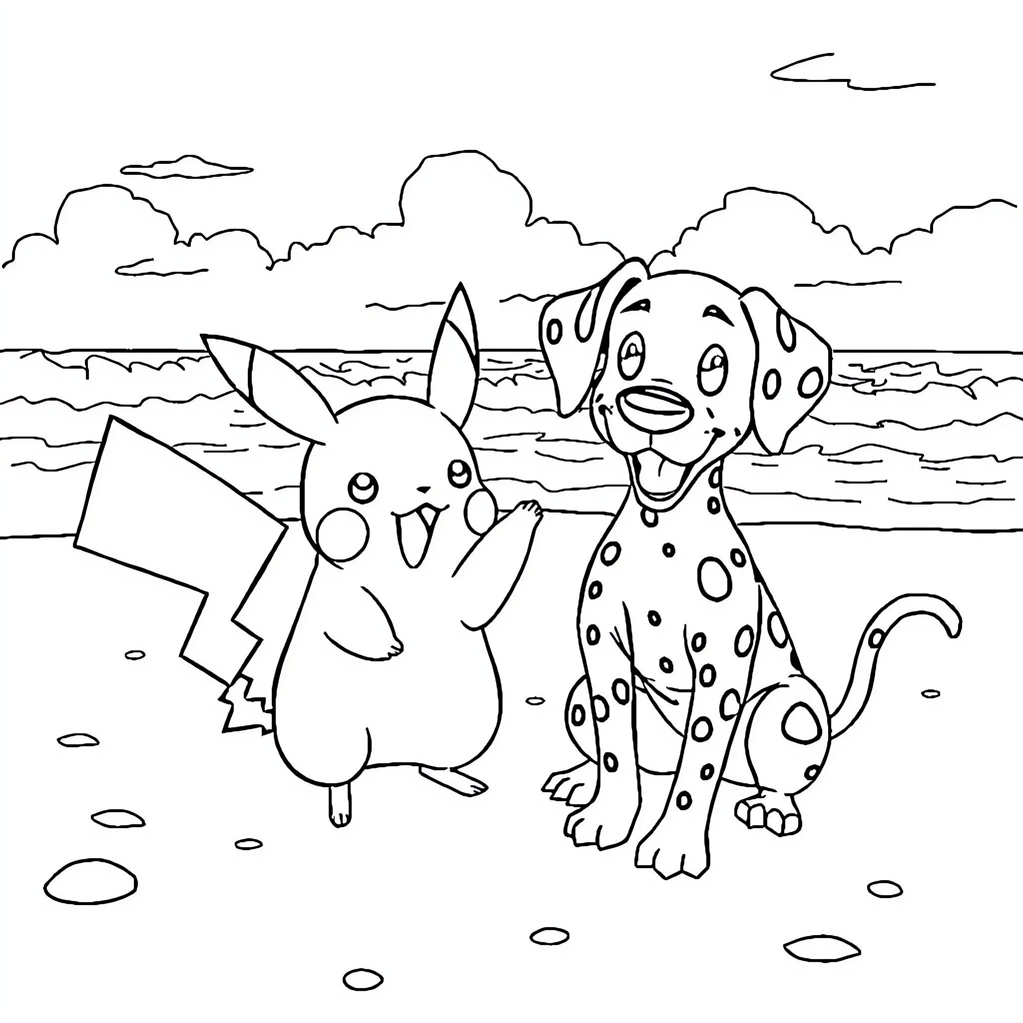 Pikachu and Dalmatian playing on the beach Coloring Page (free black-and-white line drawing printable PDF for all, from beginners to advanced learners, including children, teens, adults, and seniors)