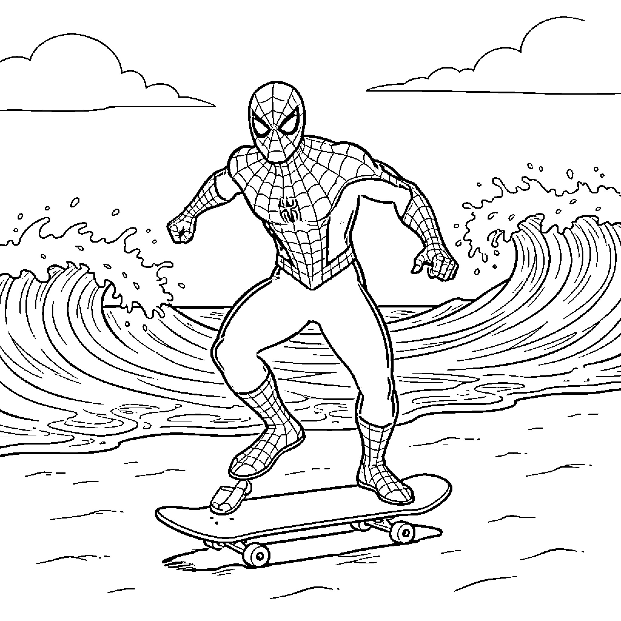 Spiderman skateboarding on waves at the beach Coloring Page (free black-and-white line drawing printable PDF for all, from beginners to advanced learners, including children, teens, adults, and seniors)