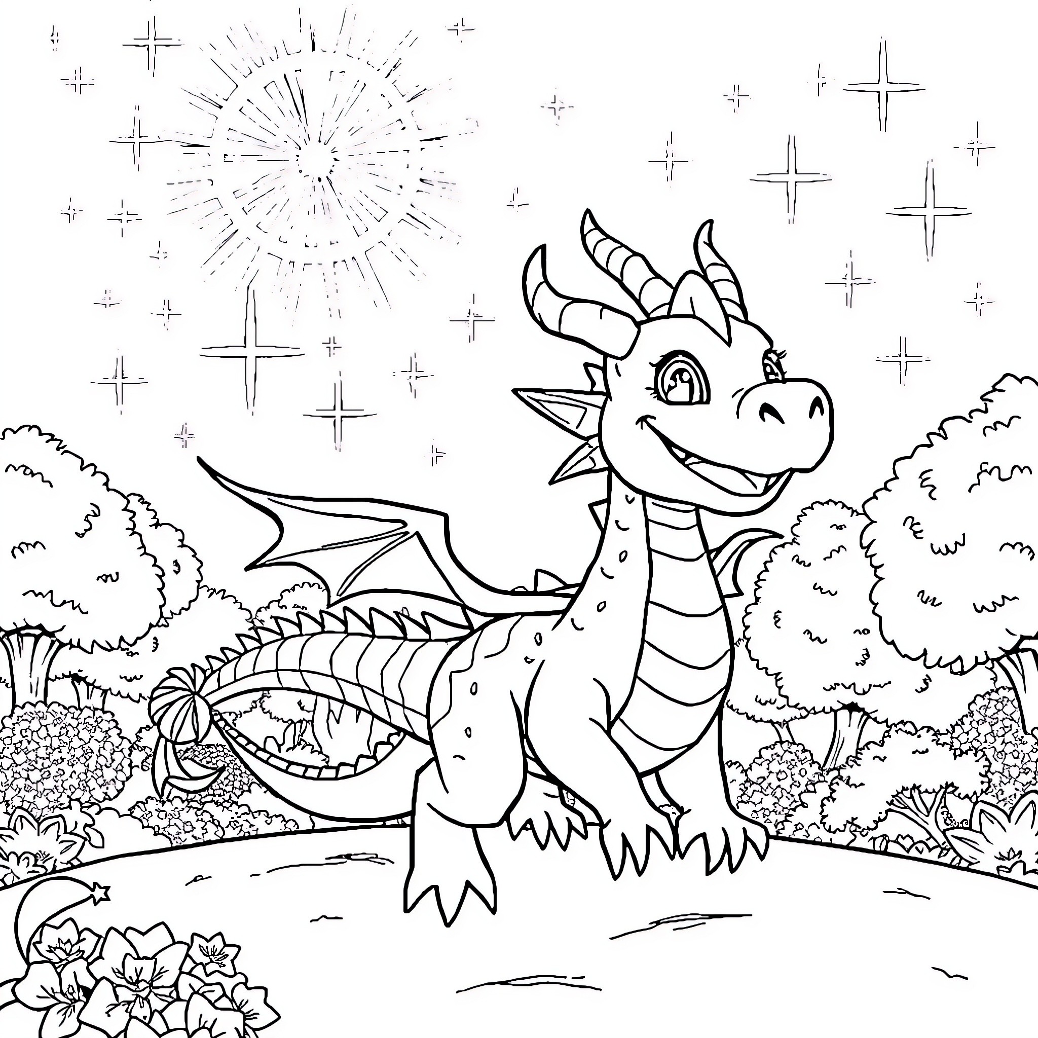 Figment's Enchanted Playground Coloring Page (free black-and-white line drawing printable PDF for all, from beginners to advanced learners, including children, teens, adults, and seniors)
