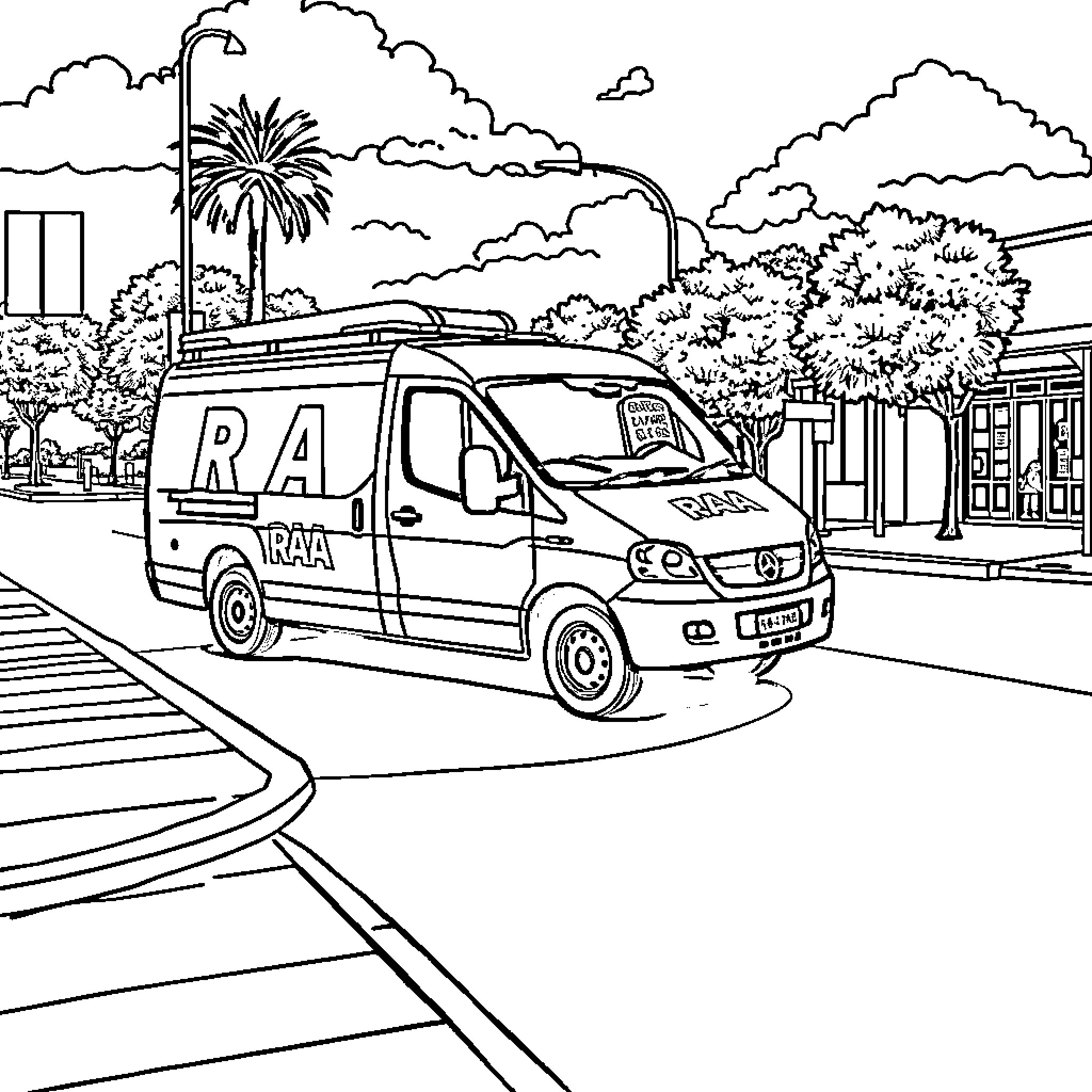 Van on the urban street with palm trees Coloring Page (free black-and-white line drawing printable PDF for all, from beginners to advanced learners, including children, teens, adults, and seniors)