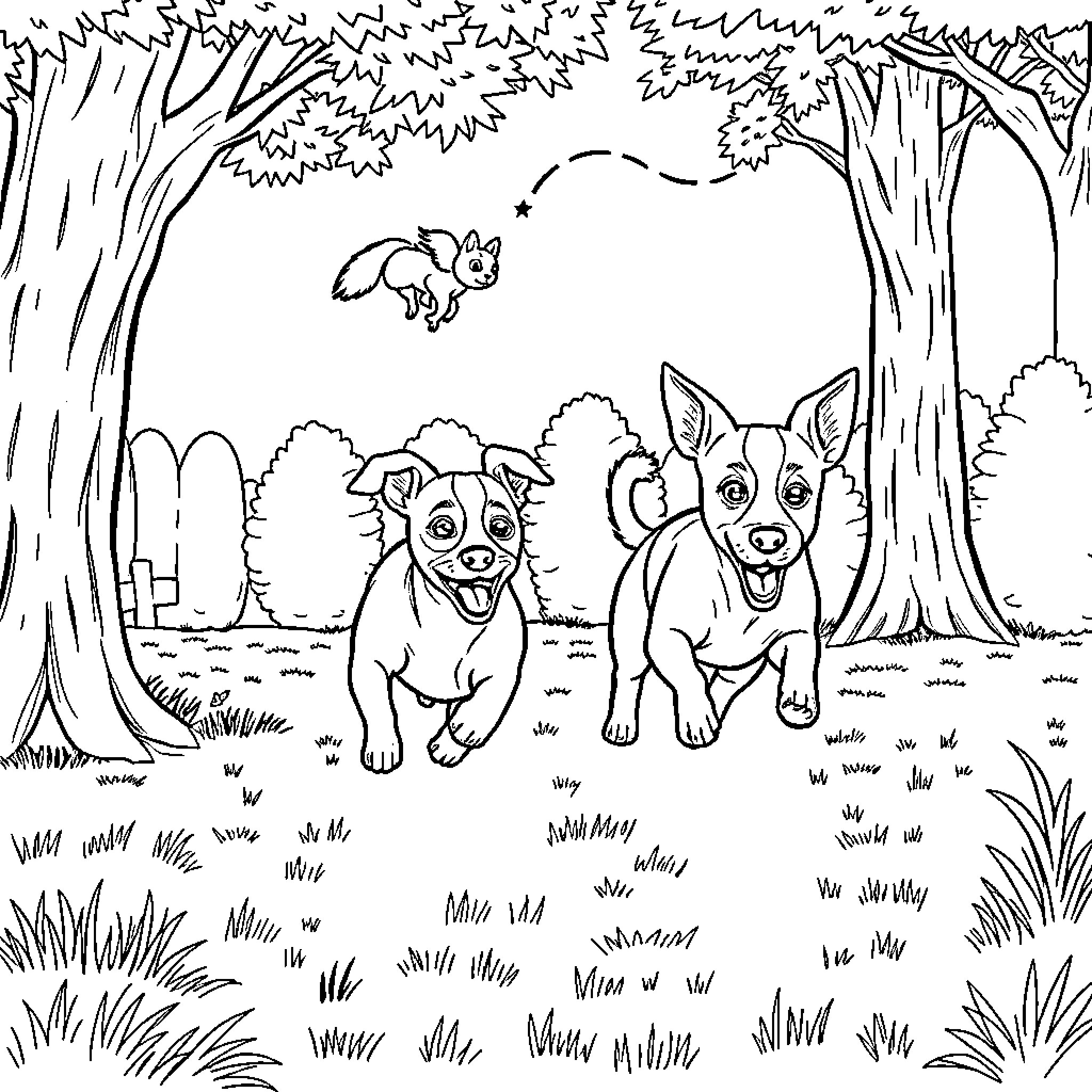 Jack Russell Terriers playing happily in the forest Coloring Page (free black-and-white line drawing printable PDF for all, from beginners to advanced learners, including children, teens, adults, and seniors)