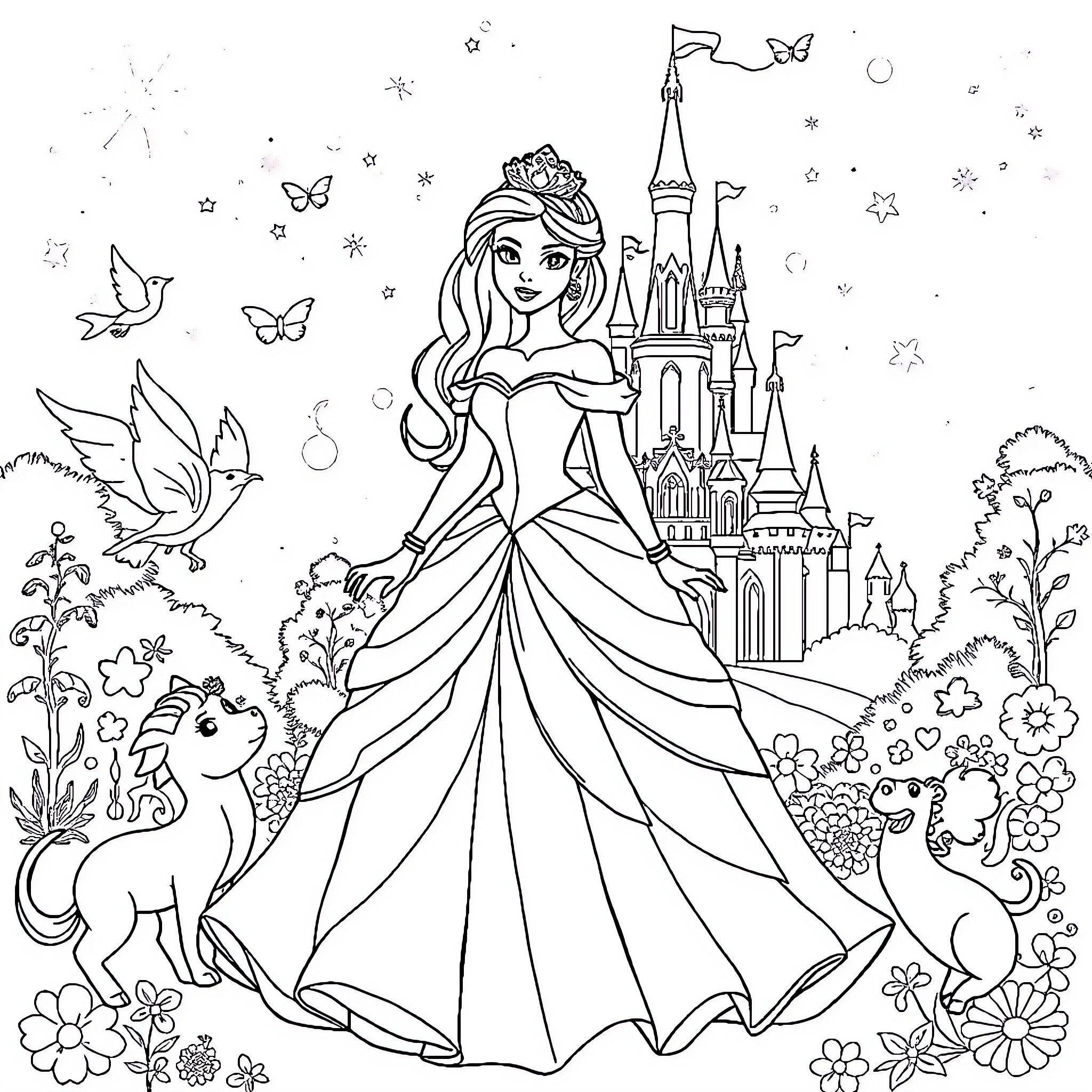 Disney Princess in elegant gown amidst enchanted castle and nature Coloring Page (free black-and-white line drawing printable PDF for all, from beginners to advanced learners, including children, teens, adults, and seniors)