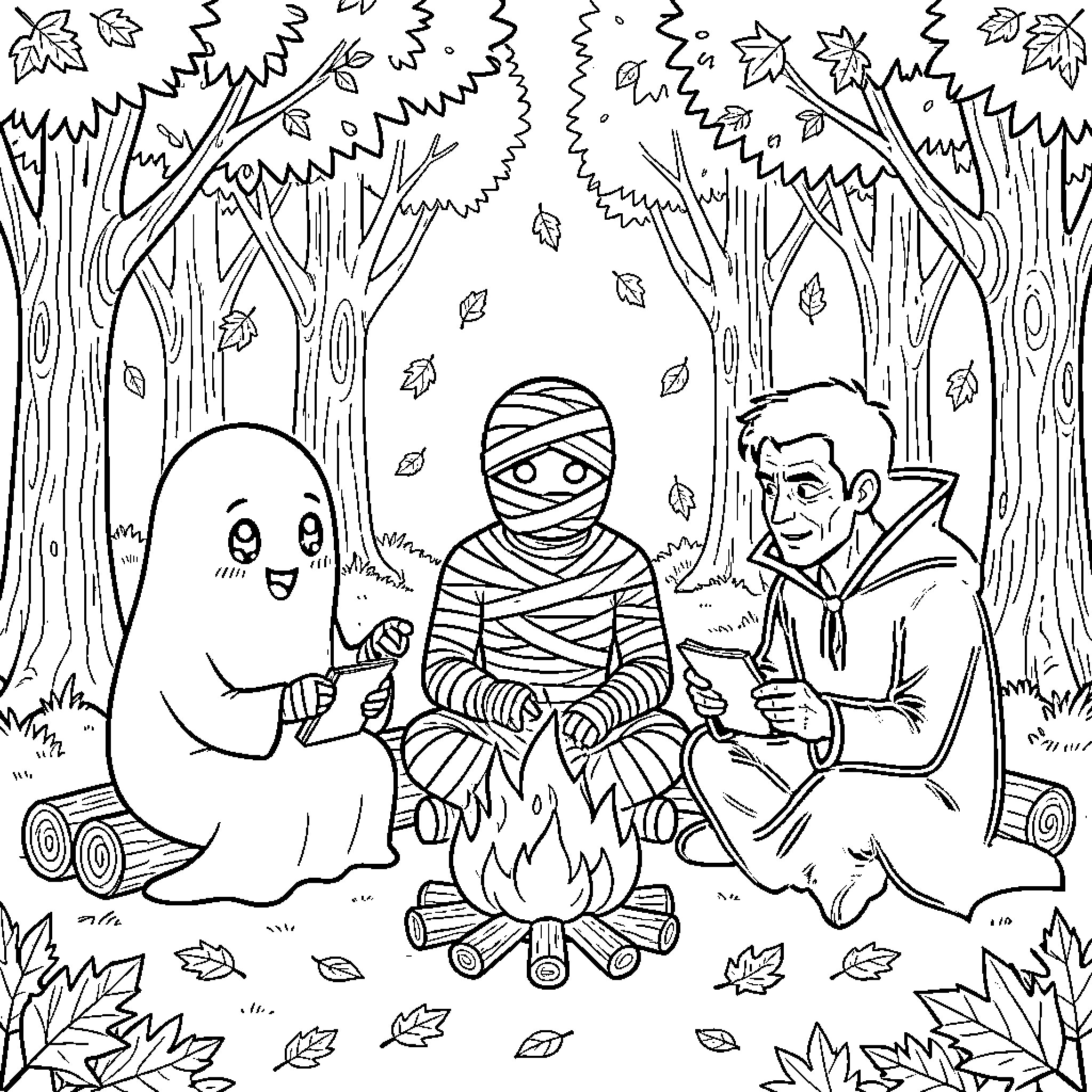 Ghost, mummy, and vampire sitting around a campfire Coloring Page (free black-and-white line drawing printable PDF for all, from beginners to advanced learners, including children, teens, adults, and seniors)