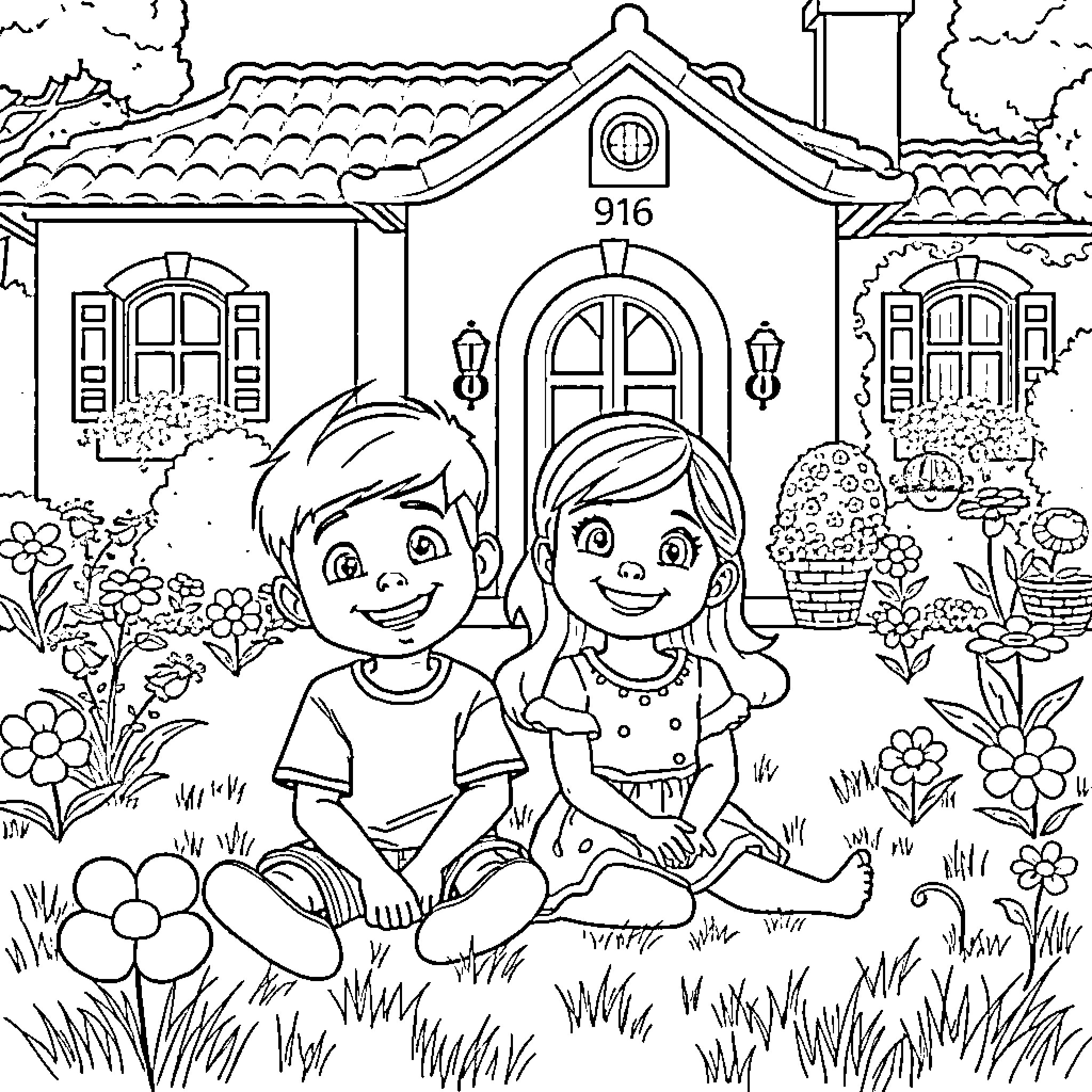 Child Playing in Flower Garden Near House Coloring Page (free black-and-white line drawing printable PDF for all, from beginners to advanced learners, including children, teens, adults, and seniors)