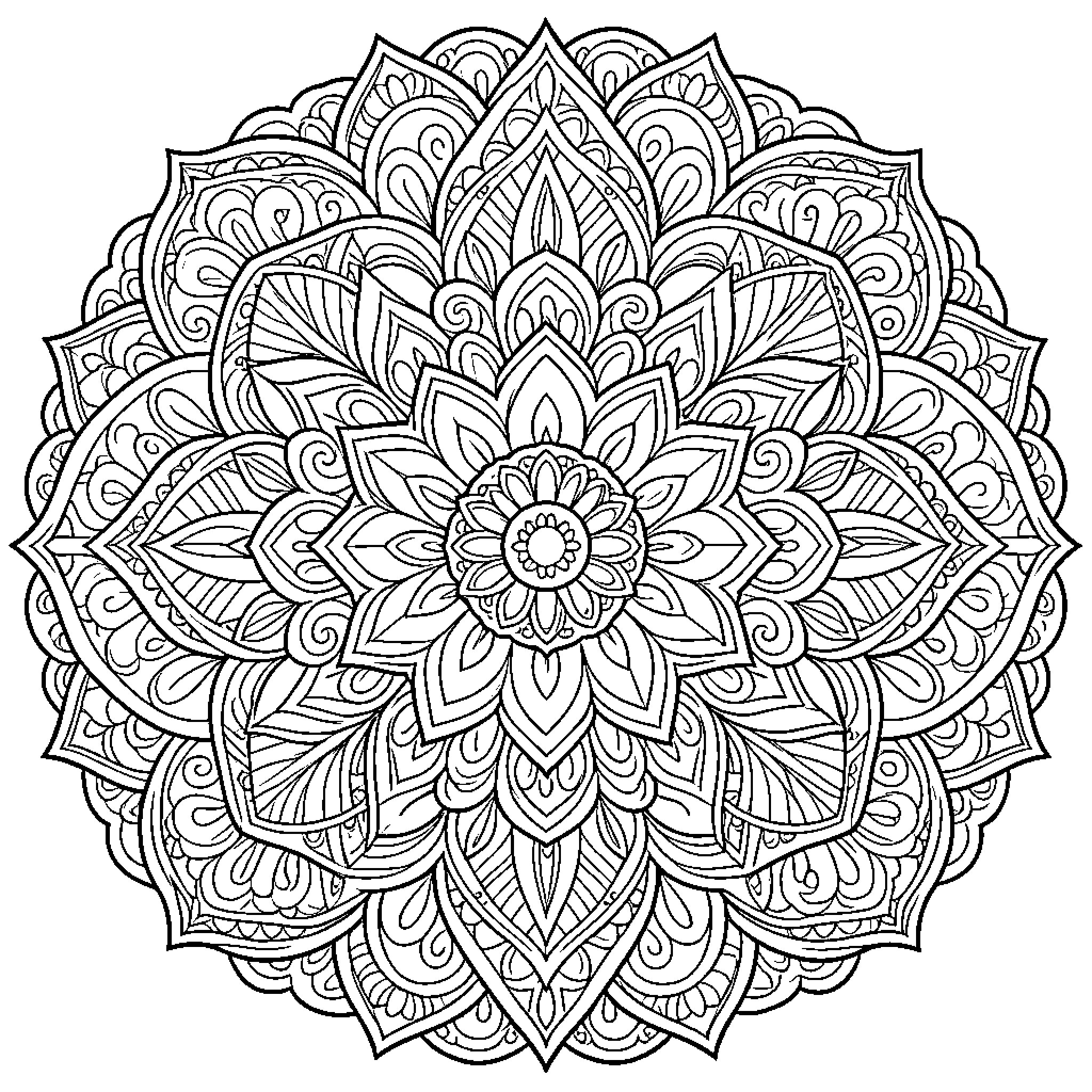 Mandala of Intricate Floral Patterns Coloring Page (free black-and-white line drawing printable PDF for all, from beginners to advanced learners, including children, teens, adults, and seniors)