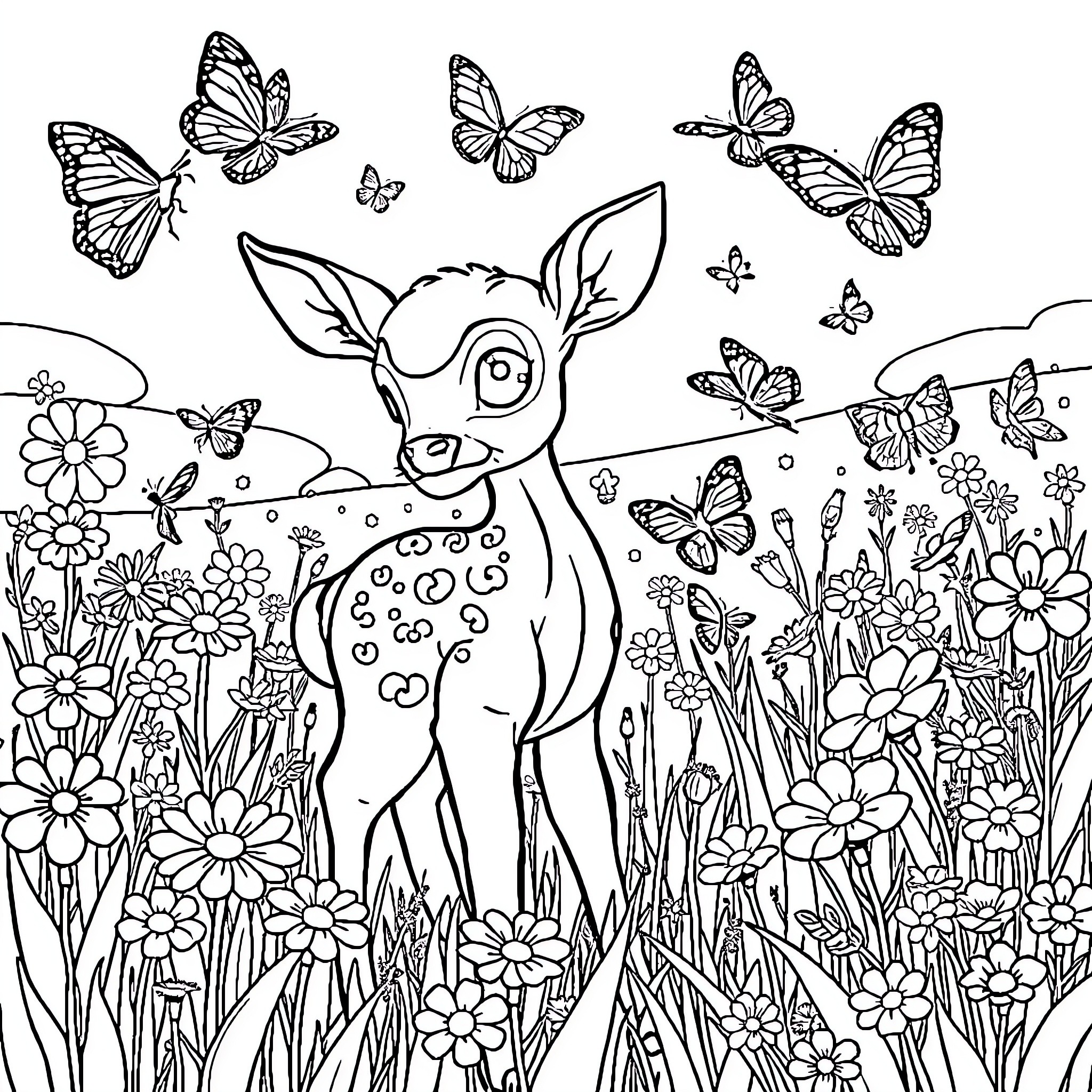 Butterfly fawn amidst flowers and butterflies Coloring Page (free black-and-white line drawing printable PDF for all, from beginners to advanced learners, including children, teens, adults, and seniors)